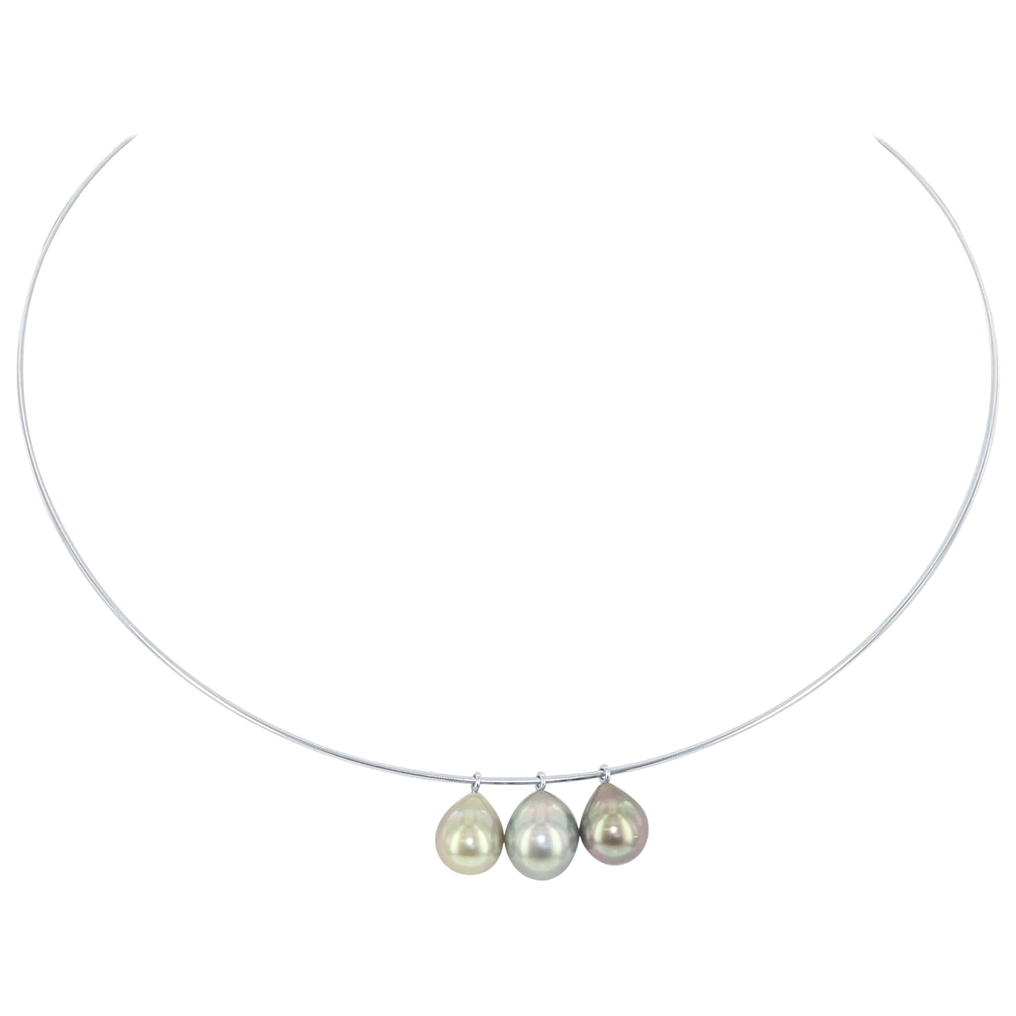 South Sea Tahitian Cultured Three Drop Pearl Pendant on 18 Karat White Wire