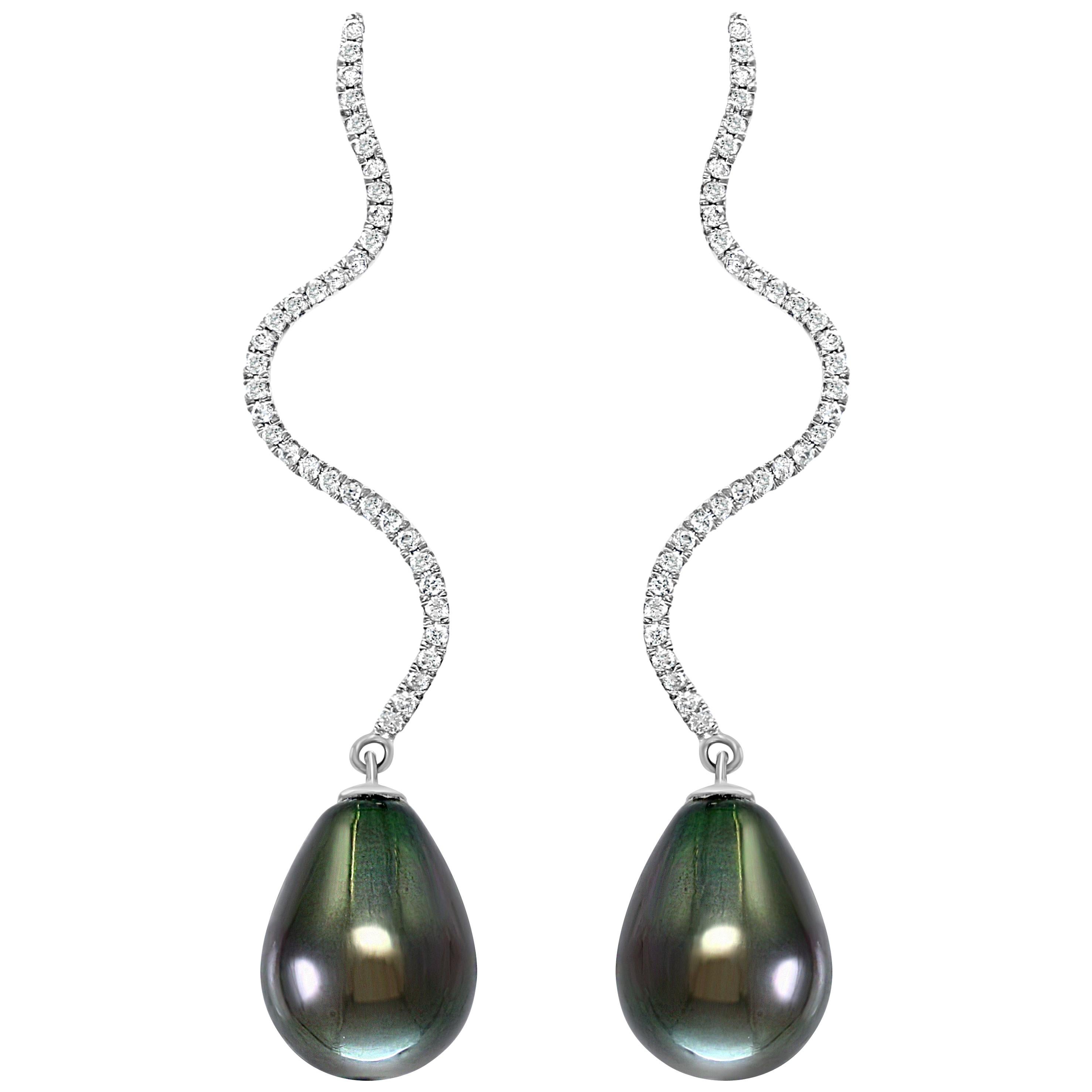 South Sea Tahitian Drop Pearl and Diamond 14 Karat White Gold Dangle Earrings For Sale