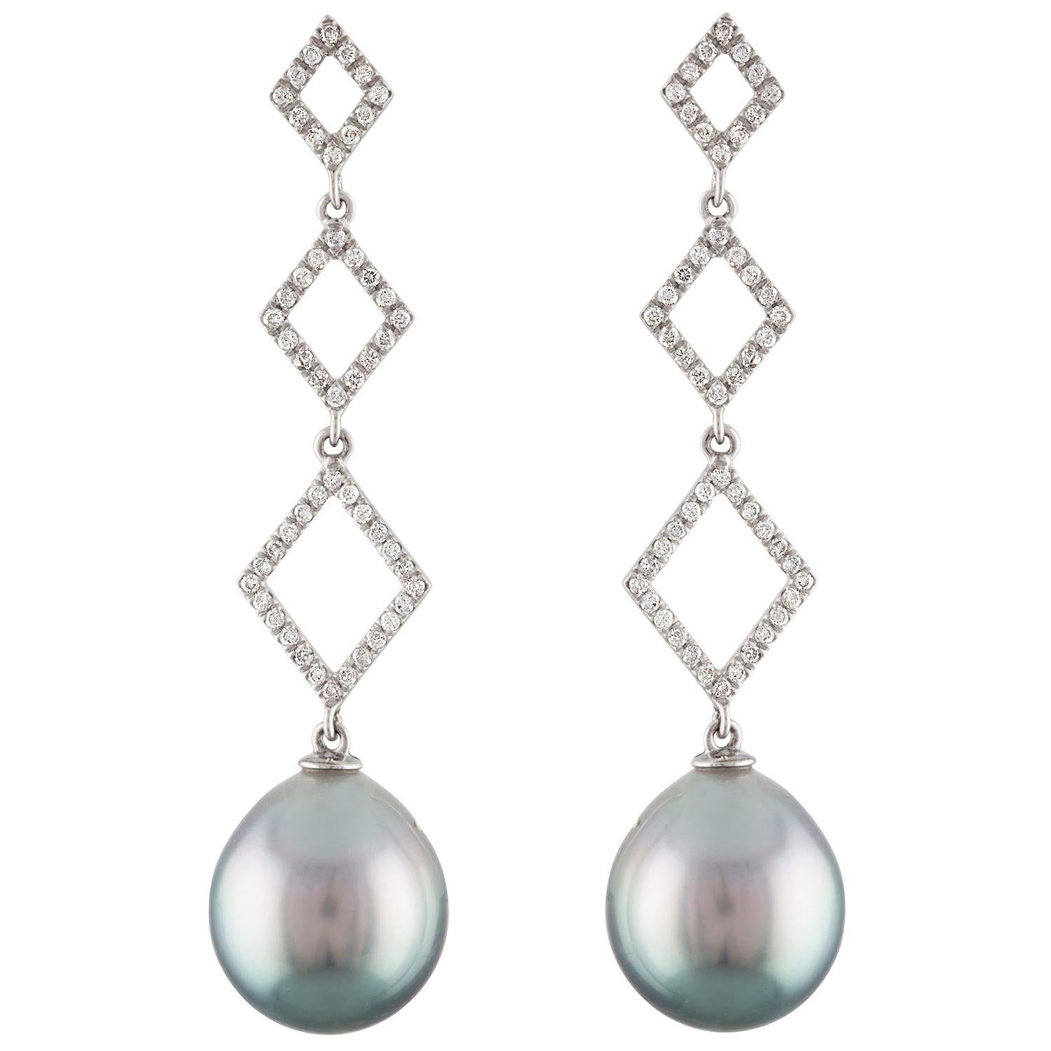 South Sea Tahitian Cultured Drop Pearl and Diamond 14 Karat White Gold Earrings For Sale