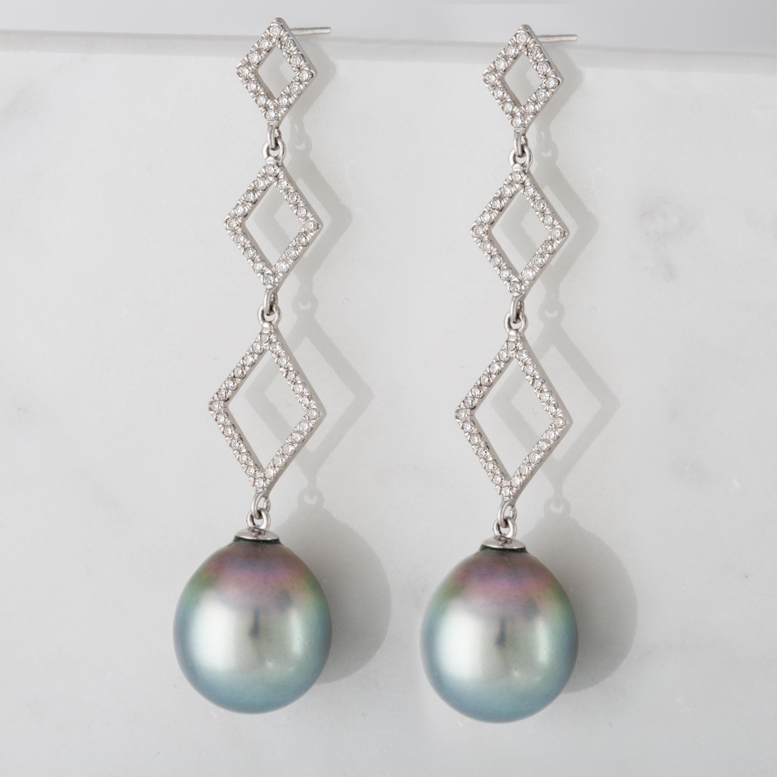 Contemporary South Sea Tahitian Cultured Drop Pearl and Diamond 14 Karat White Gold Earrings For Sale