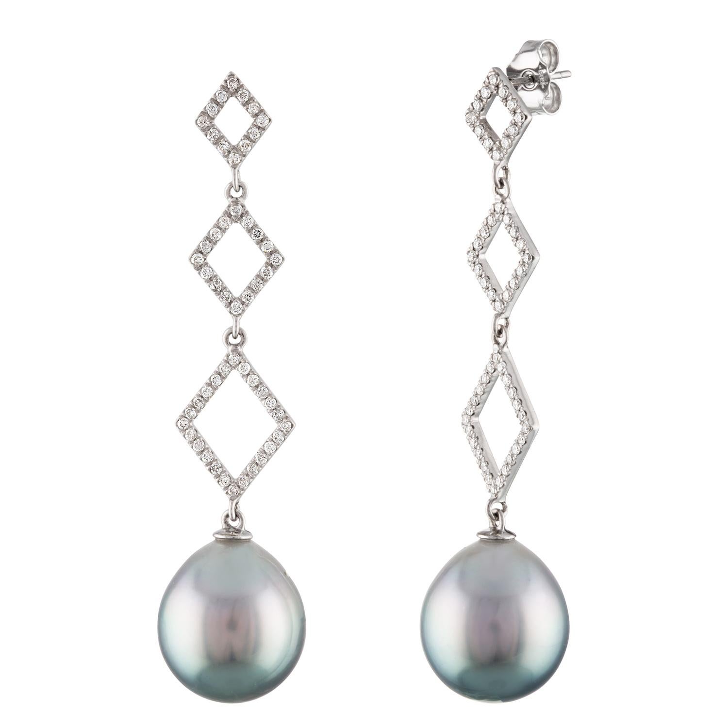 Round Cut South Sea Tahitian Cultured Drop Pearl and Diamond 14 Karat White Gold Earrings For Sale