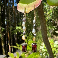 South Sea & Tahitian Keshi Pearl Dangle Earrings with Garnets in Yellow Gold