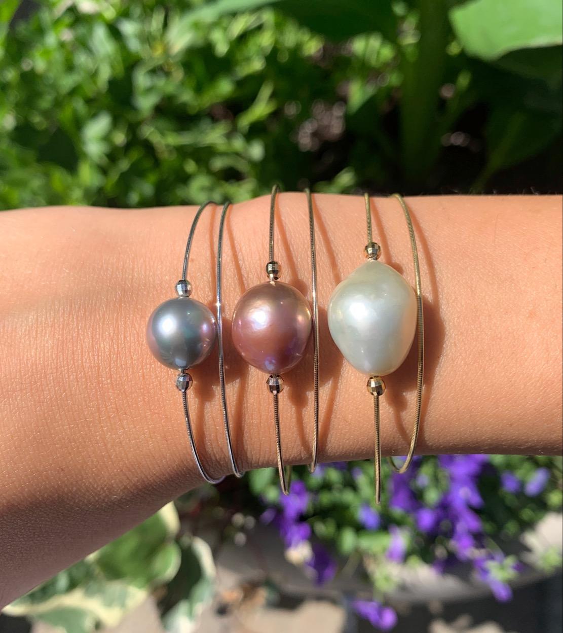 Uncut 18 Karat Rose Gold and South Sea Tahitian Pearl Wire Bangle For Sale