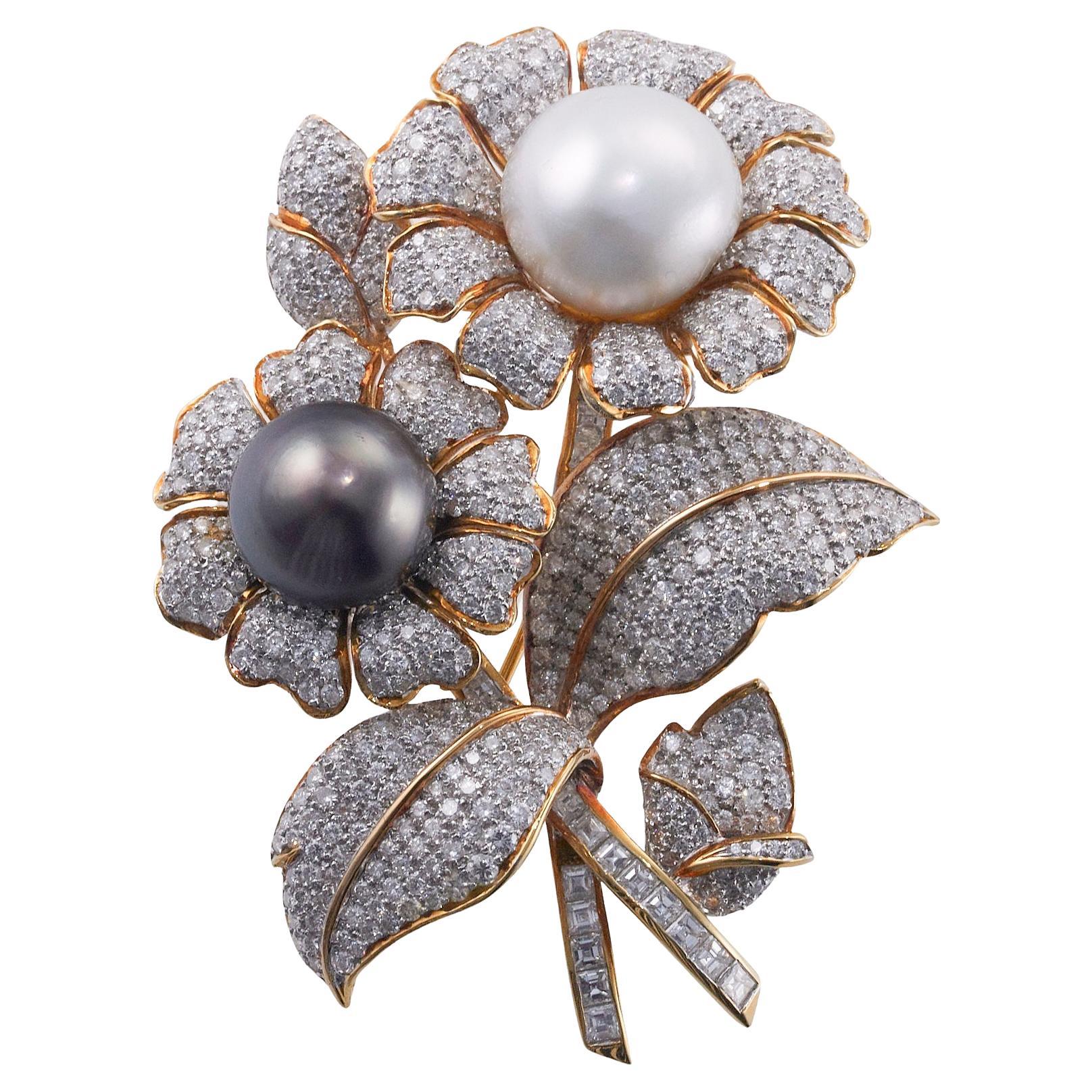 Südsee-Tahiti-Perlen-Diamant-Gold-Sonnenblumen-Brosche  im Angebot