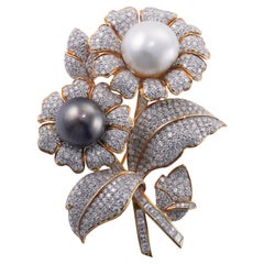 Vintage South Sea Tahitian Pearl Diamond Gold Sunflower Large Brooch