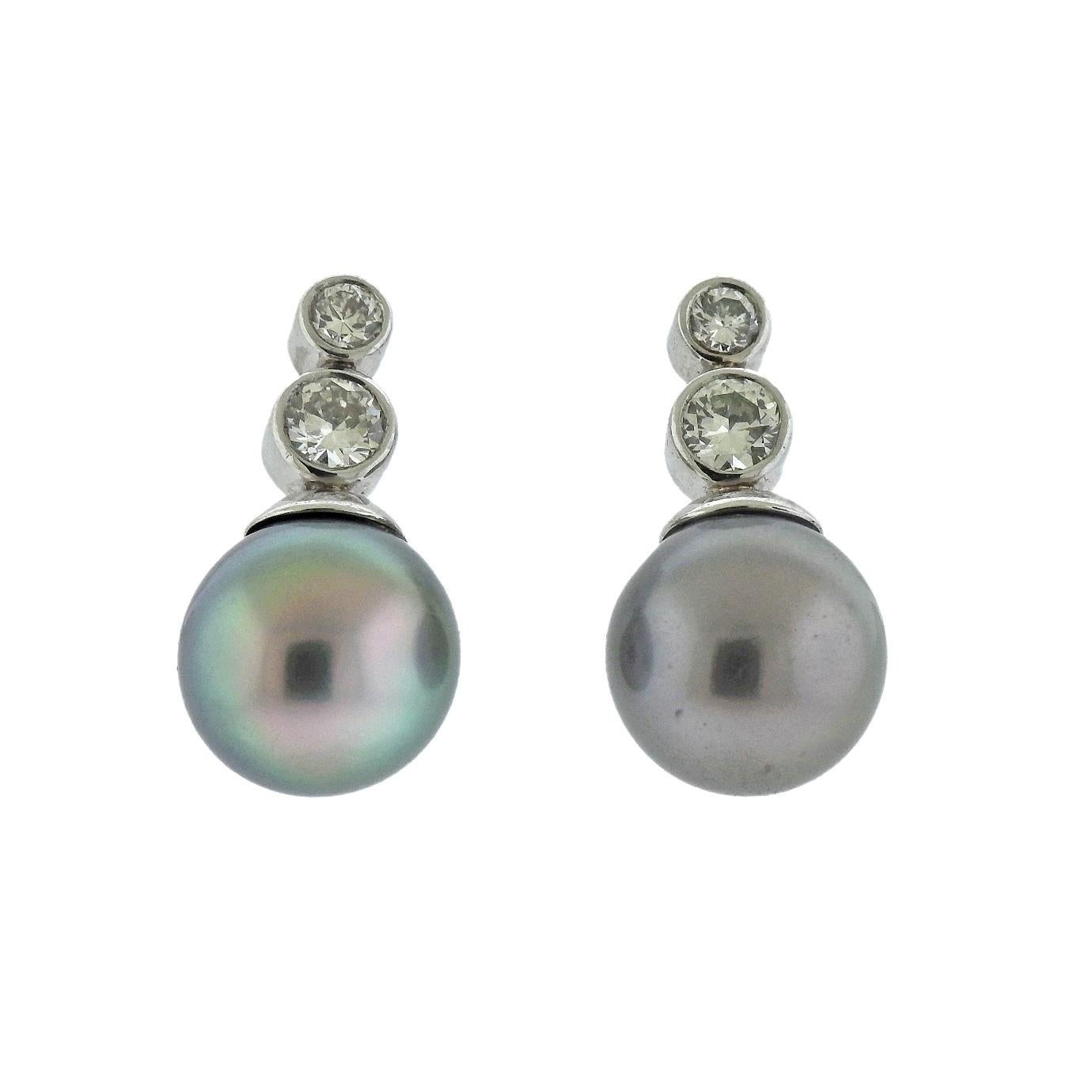 Women's or Men's South Sea Tahitian Pearl Diamond Platinum Earrings For Sale