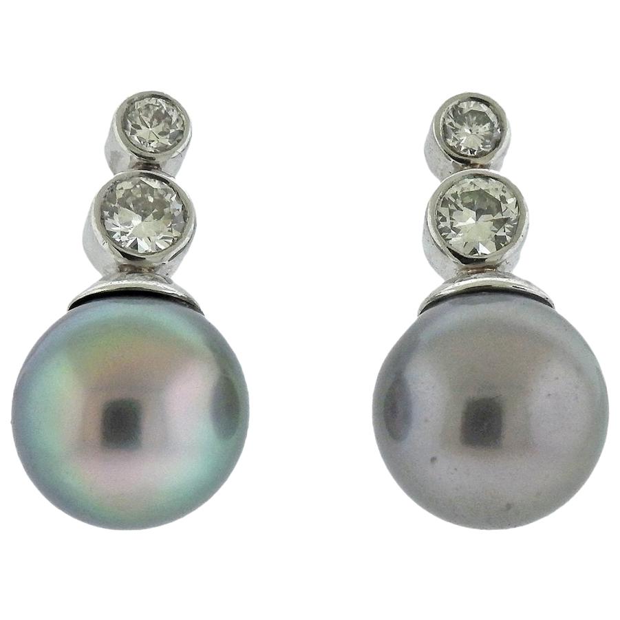 South Sea Tahitian Pearl Diamond Platinum Earrings For Sale