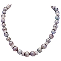 South Sea Tahitian Pearl Necklace 14K White Gold & Fine White Diamond Rondelles