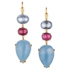 18 Karat Gold South Sea Tahitian Pearl Rubellite Aquamarine Diamond Earrings