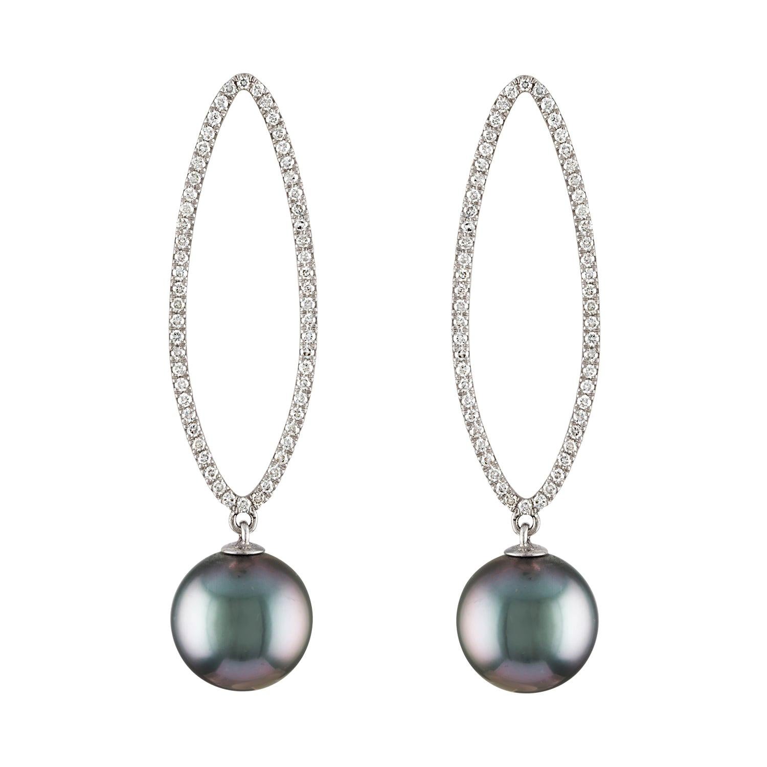 14K White Gold and Diamond Earrings with South Sea Tahitian Round Cultured Pearl For Sale