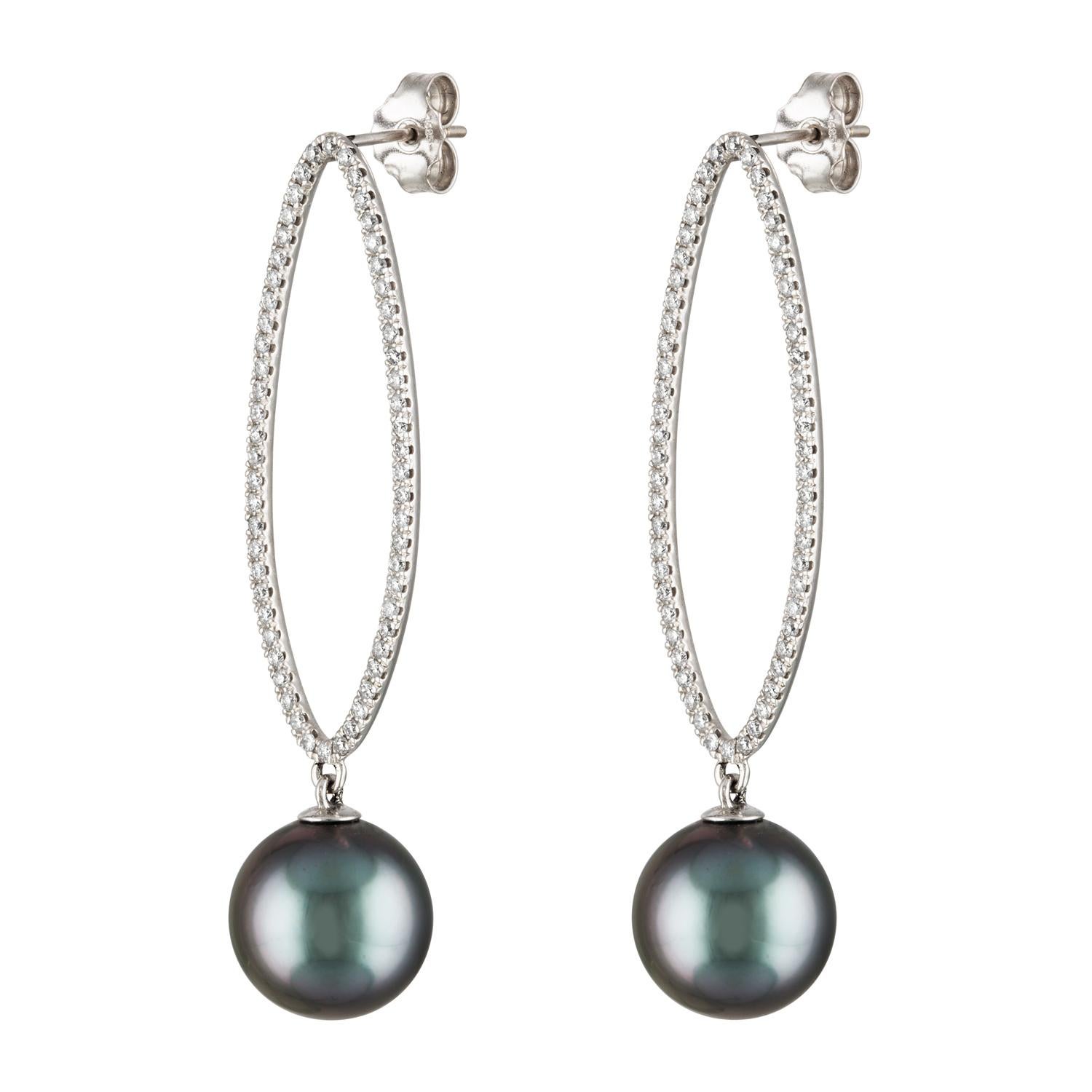 Contemporary 14K White Gold and Diamond Earrings with South Sea Tahitian Round Cultured Pearl For Sale