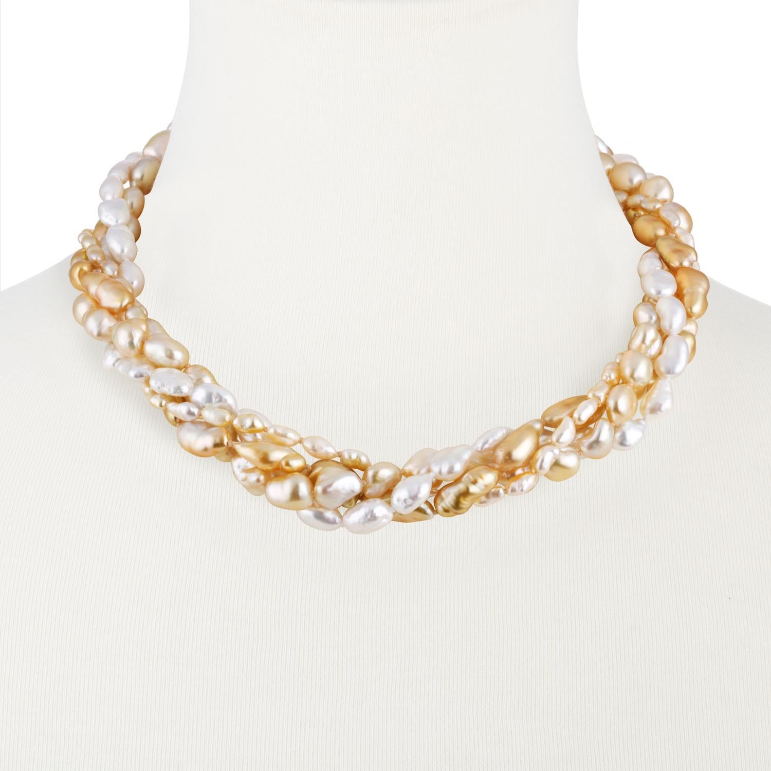 Contemporary South Sea White and Golden Keshi Pearl Necklace with 14 Karat Gold Clasp For Sale