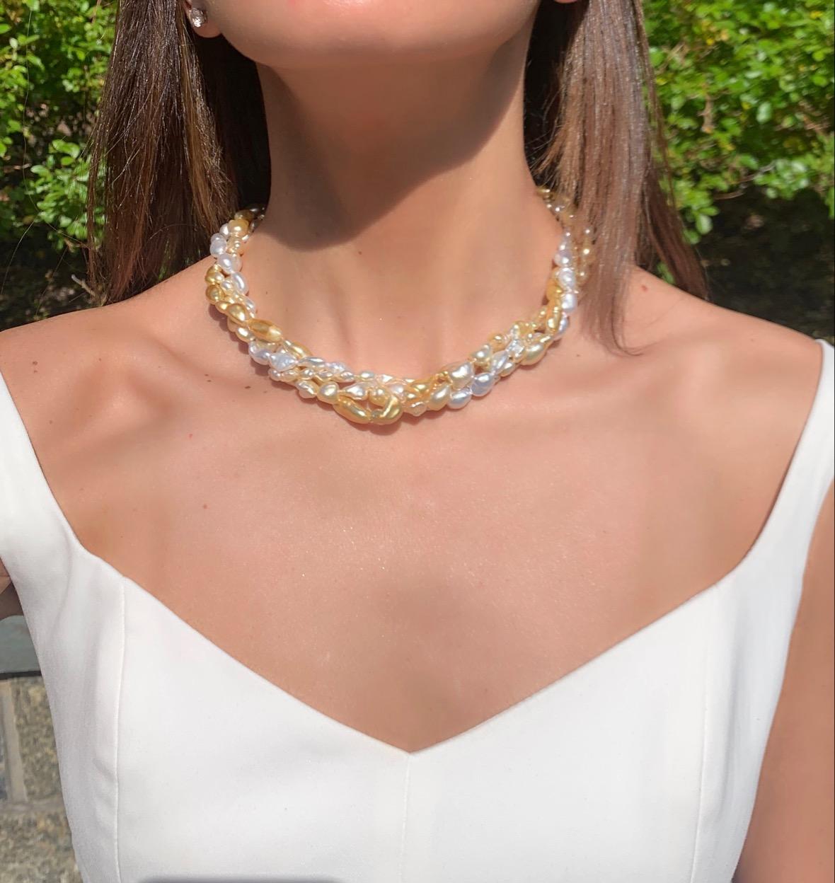 Uncut South Sea White and Golden Keshi Pearl Necklace with 14 Karat Gold Clasp For Sale