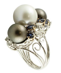 South Sea White and Grey Pearls, Diamonds, Blue Sapphires, White Gold Ring