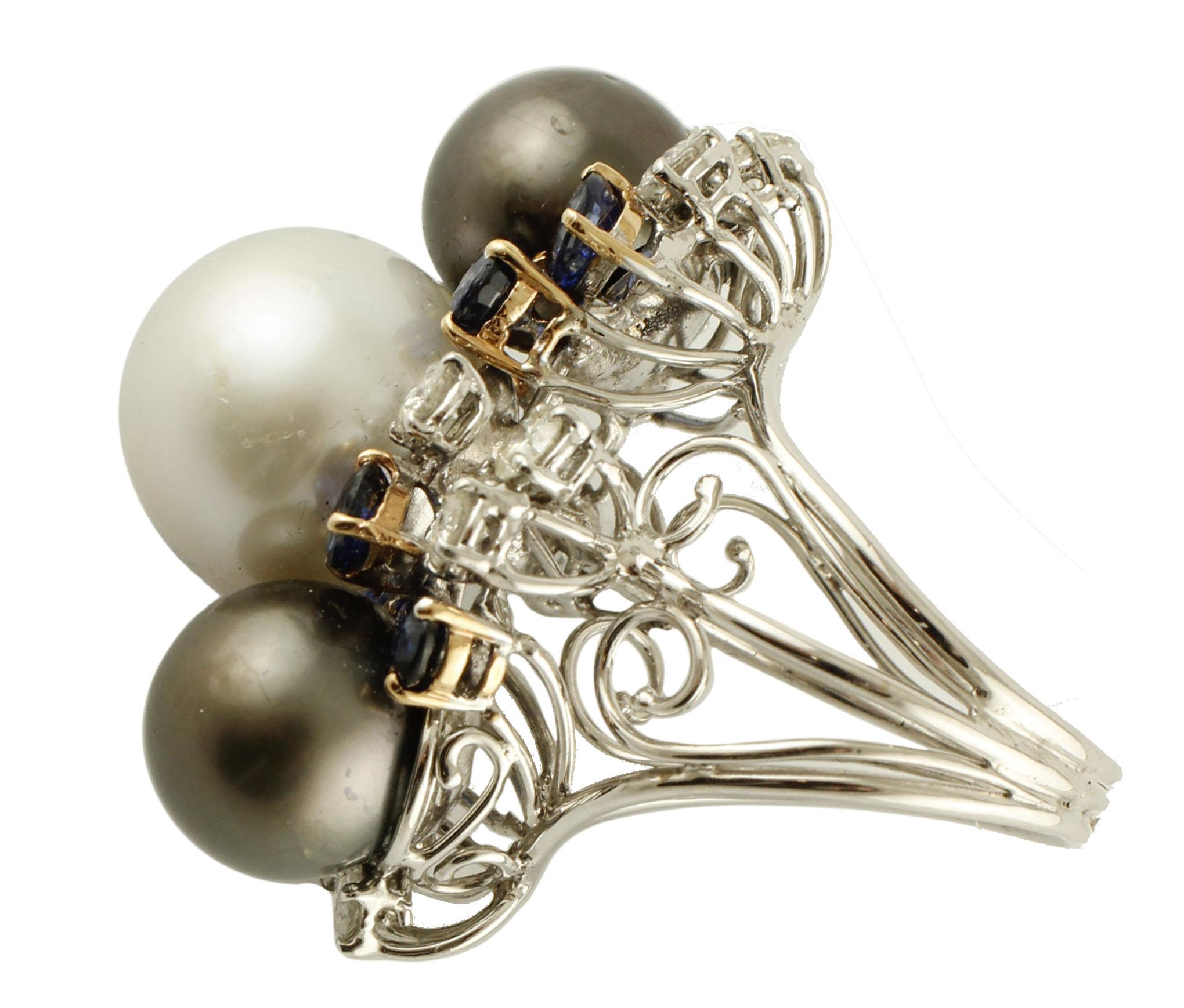 Mixed Cut South Sea White and Grey Pearls, Diamonds, Blue Sapphires, White Gold Ring For Sale