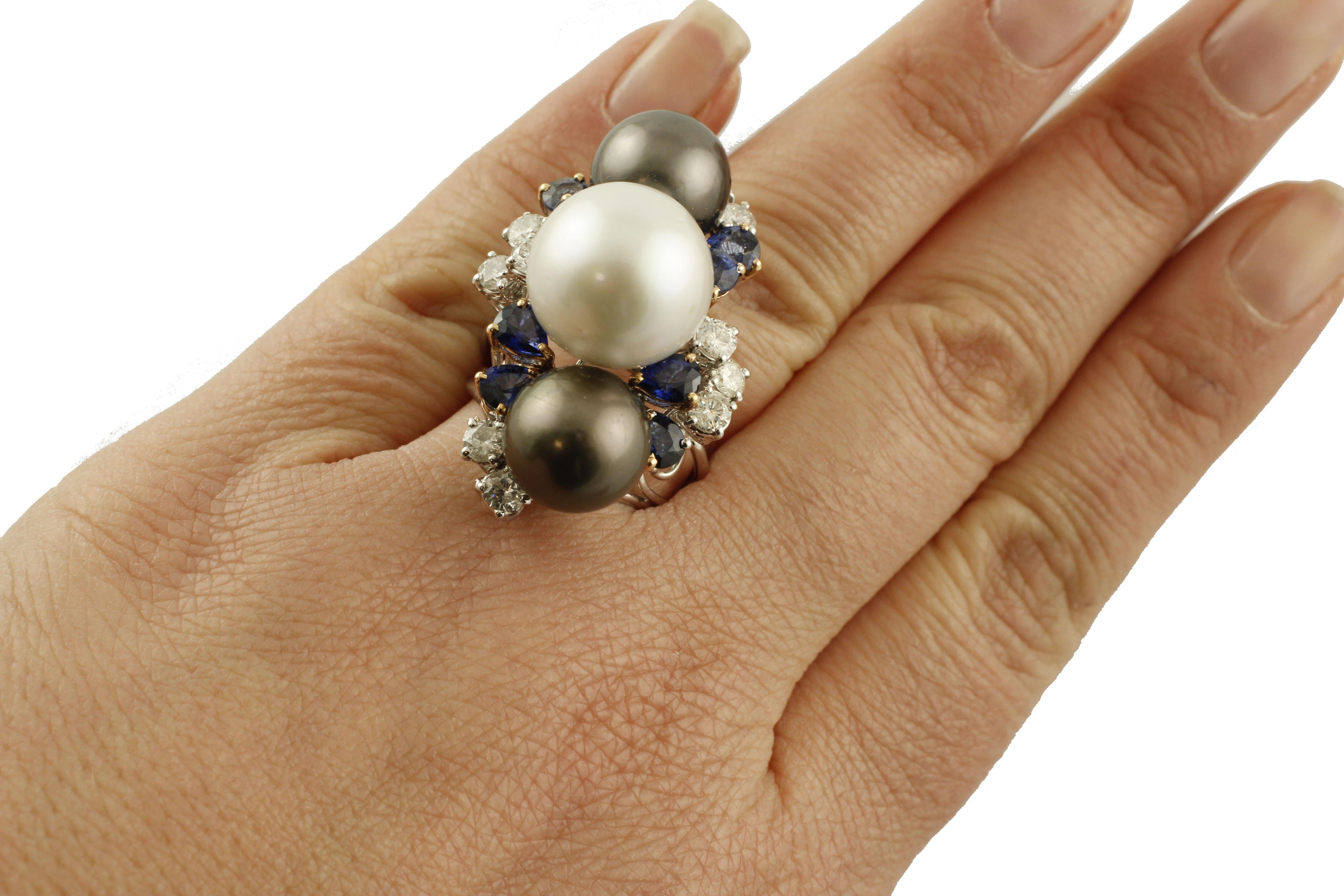 South Sea White and Grey Pearls, Diamonds, Blue Sapphires, White Gold Ring For Sale 1