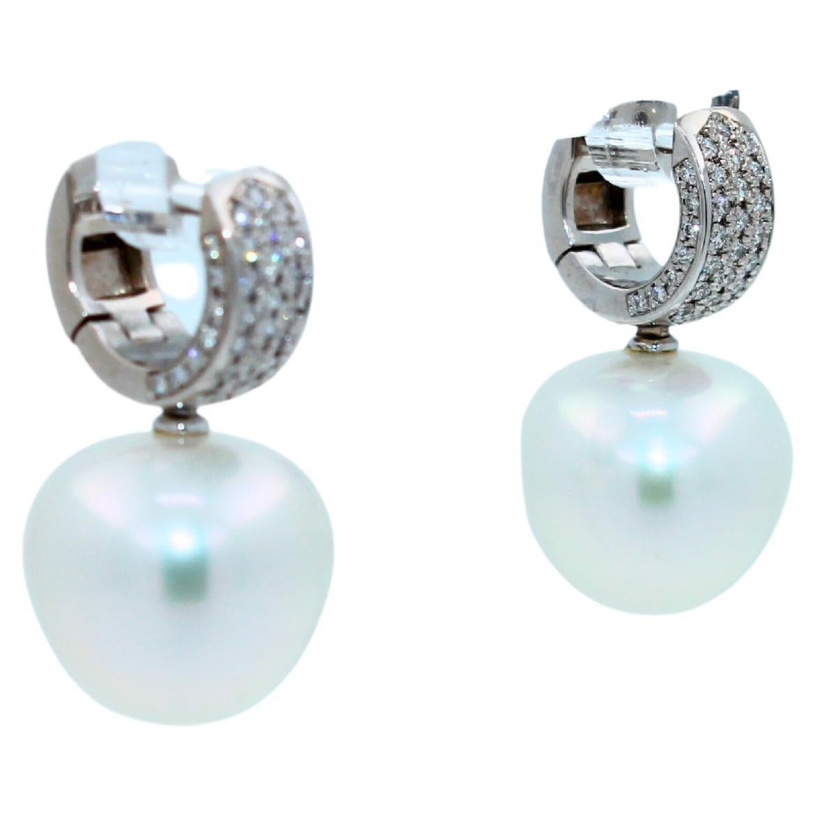Round Cut South Sea White Apple Cushion Pearl Diamond 18 Karat White Gold Pave Earrings For Sale