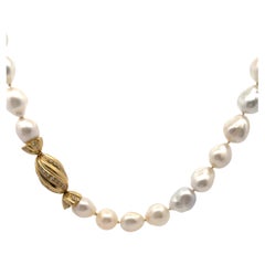 Vintage South Sea White Baroque Pearl Necklace 18K Yellow Gold Diamond Clasp