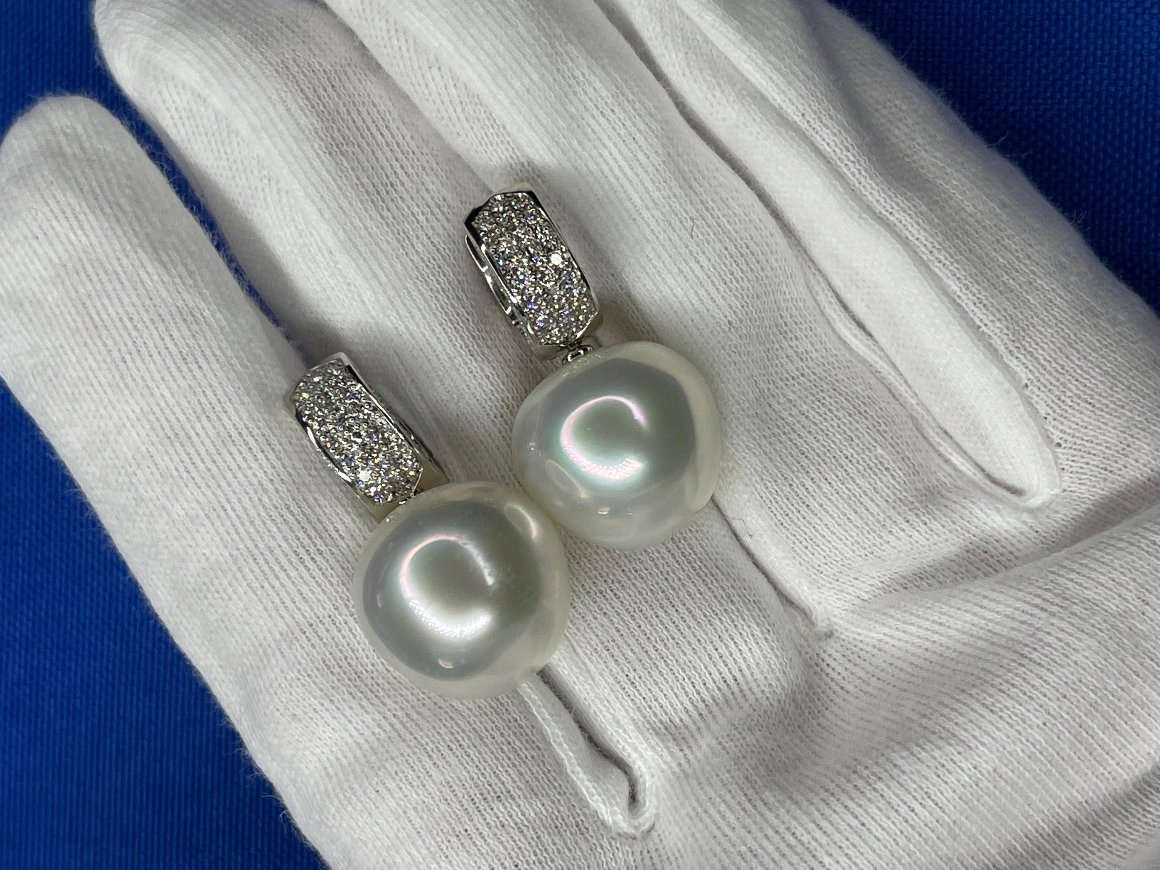 South Sea White Apple Cushion Pearl Diamond 18 Karat White Gold Pave Earrings For Sale 4