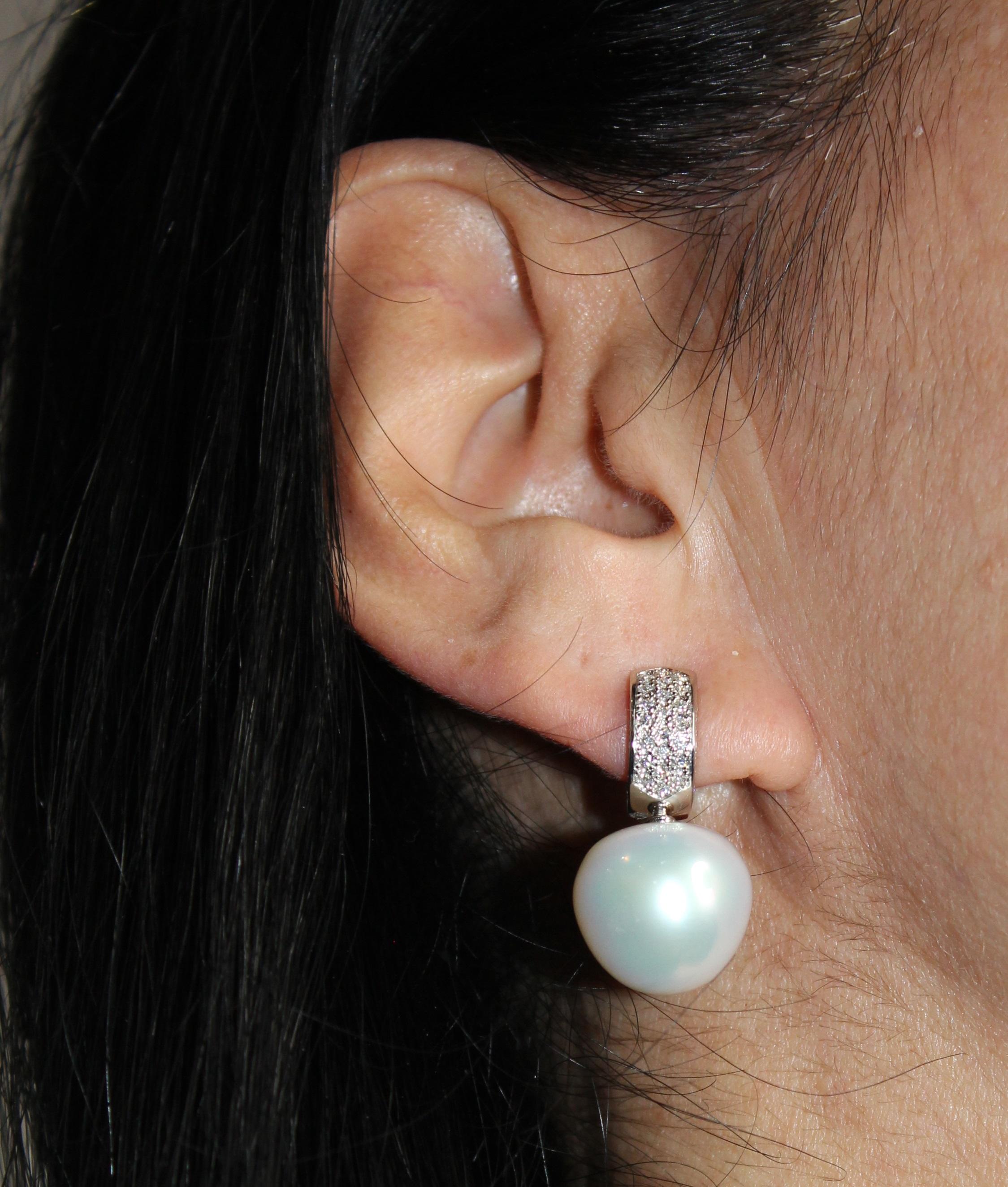 South Sea White Apple Cushion Pearl Diamond 18 Karat White Gold Pave Earrings For Sale 5