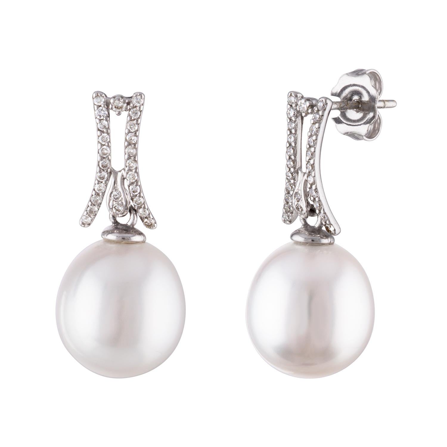 Contemporary South Sea White Cultured Drop Pearl and Diamond Dangle Earrings For Sale