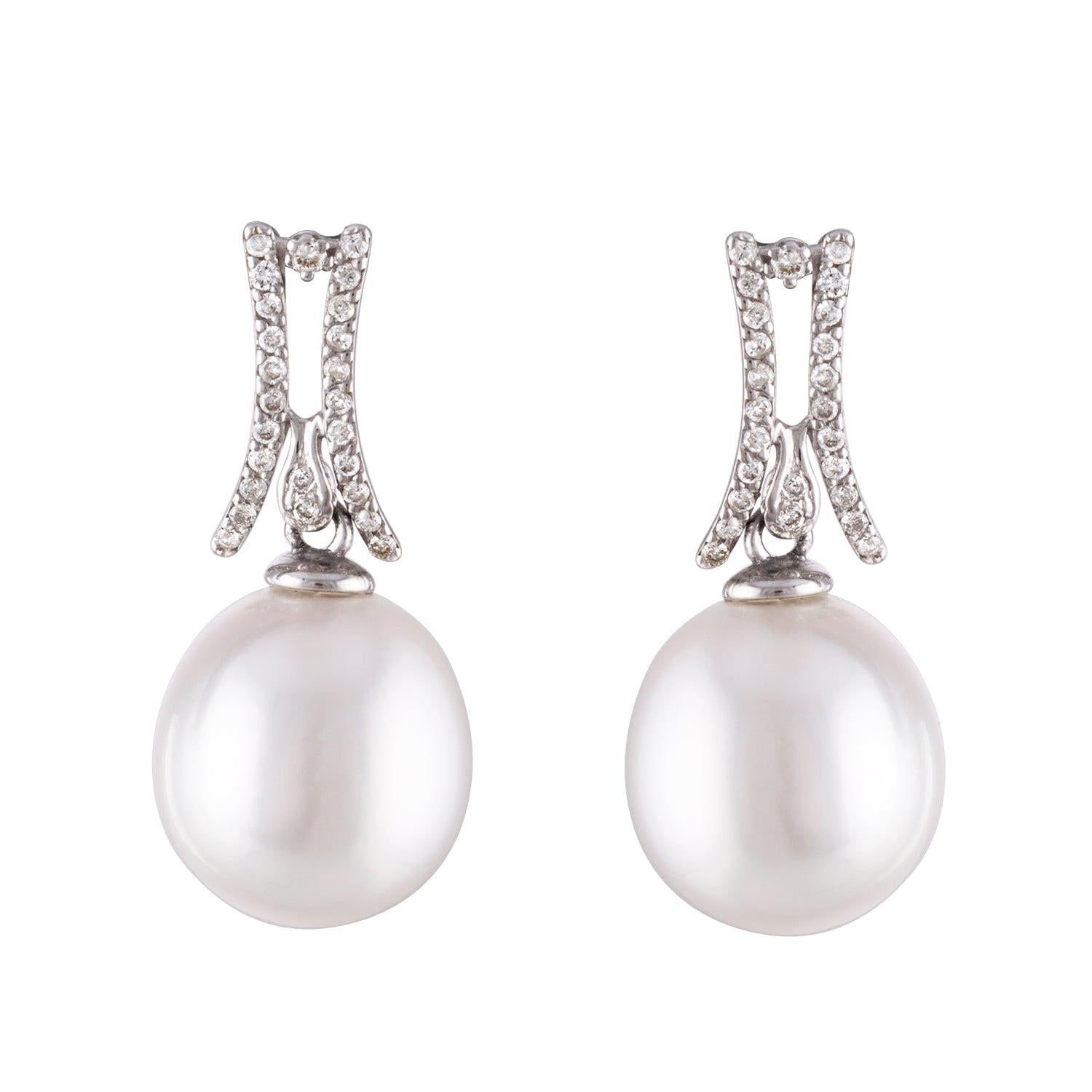 South Sea White Cultured Drop Pearl and Diamond Dangle Earrings For Sale