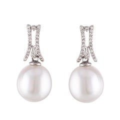 South Sea White Cultured Drop Pearl and Diamond Dangle Earrings