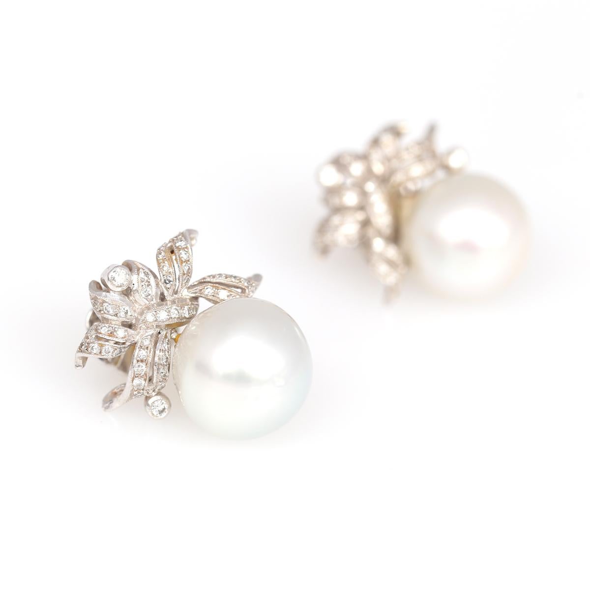 Round Cut South Sea White Pearl Diamond Earrings, 1950