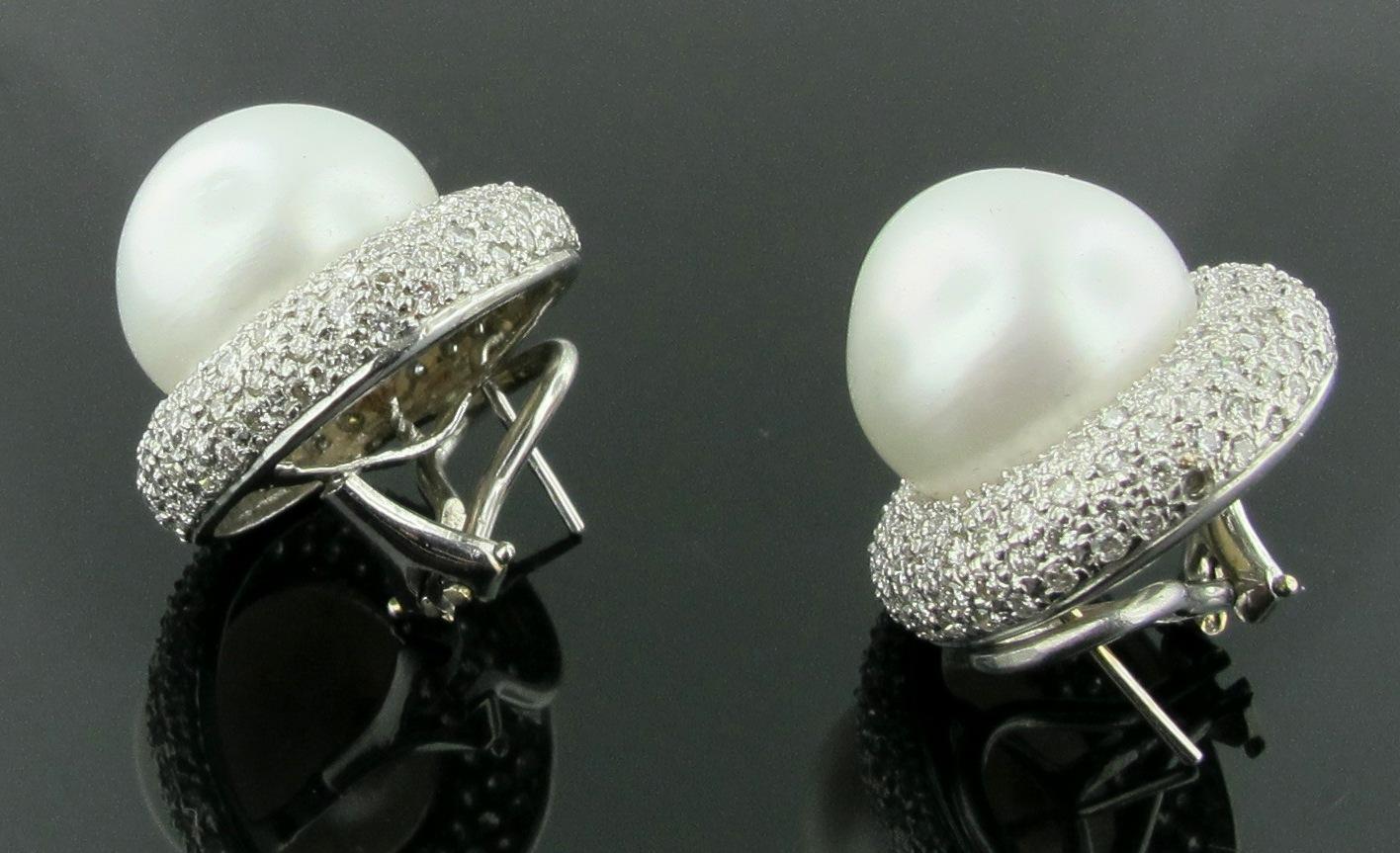 Round Cut South Sea White Pearl and Diamond Earrings in 14 Karat White Gold