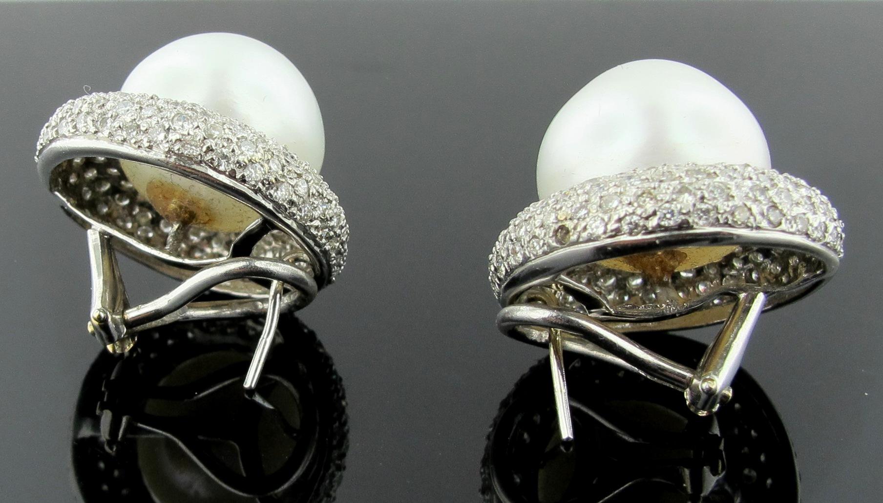 South Sea White Pearl and Diamond Earrings in 14 Karat White Gold In Excellent Condition In Palm Desert, CA