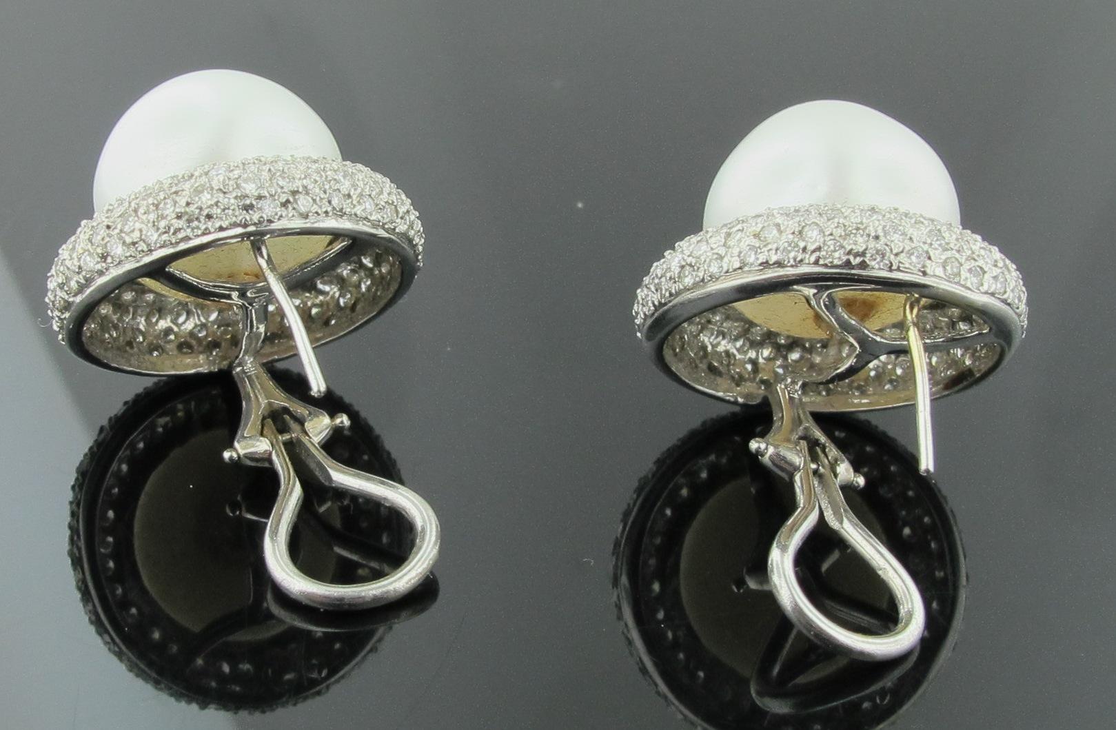 Women's or Men's South Sea White Pearl and Diamond Earrings in 14 Karat White Gold