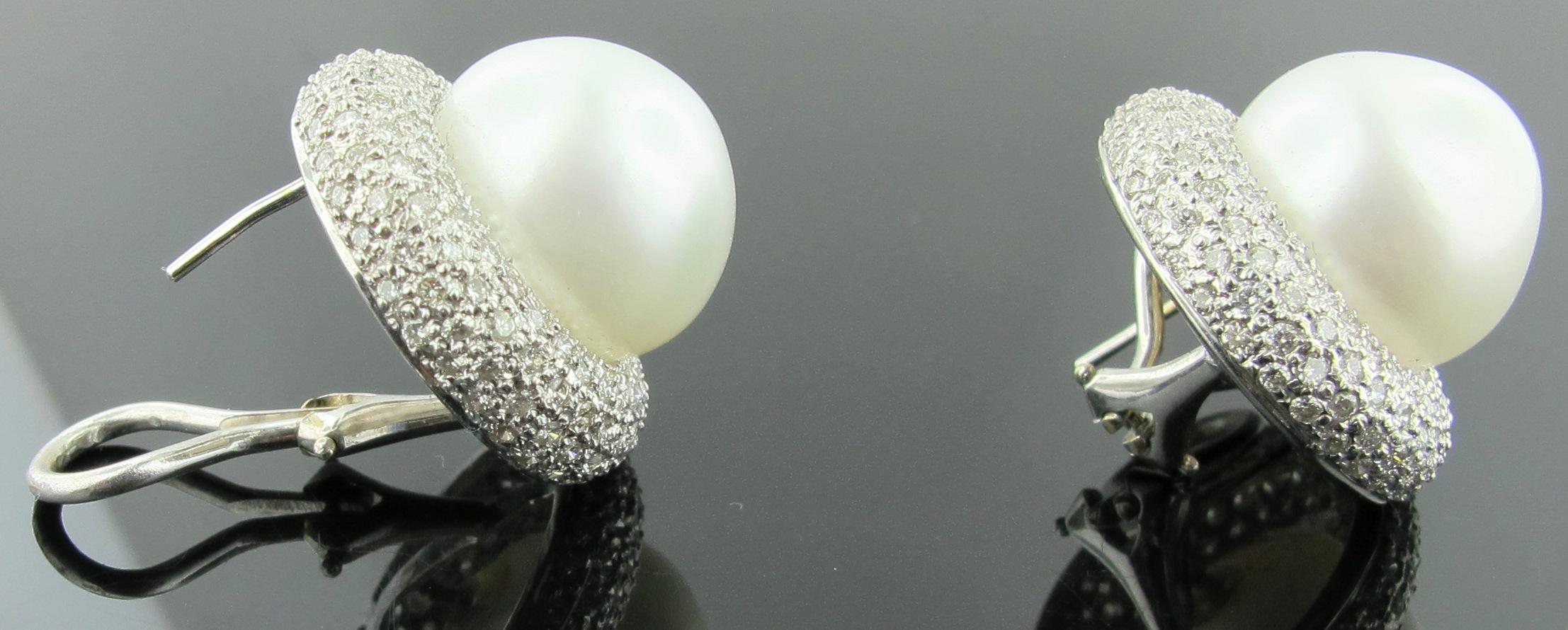 South Sea White Pearl and Diamond Earrings in 14 Karat White Gold 1