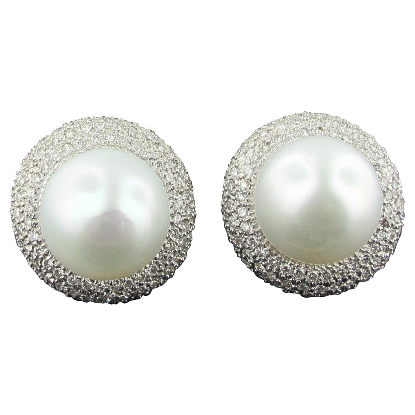 South Sea White Pearl and Diamond Earrings in 14 Karat White Gold