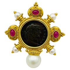 South Sea White Pearl and Ruby Cabochon Coin Brooch in 18K Yellow Gold