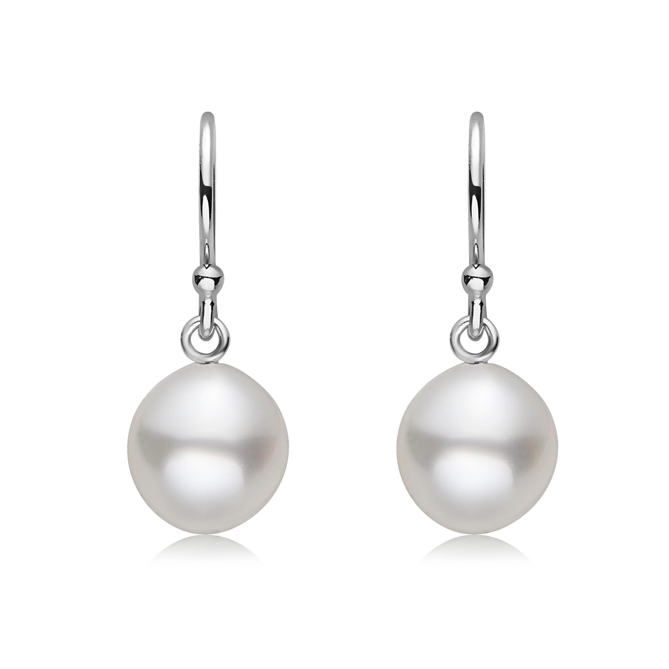 These South Sea White drop shape earrings feature 9-10mm natural color, high luster pearls dangling from .925 Sterling Silver. The earrings can be worn as a stand-alone piece or matched with out other South Sea White Pearl designs. This contemporary