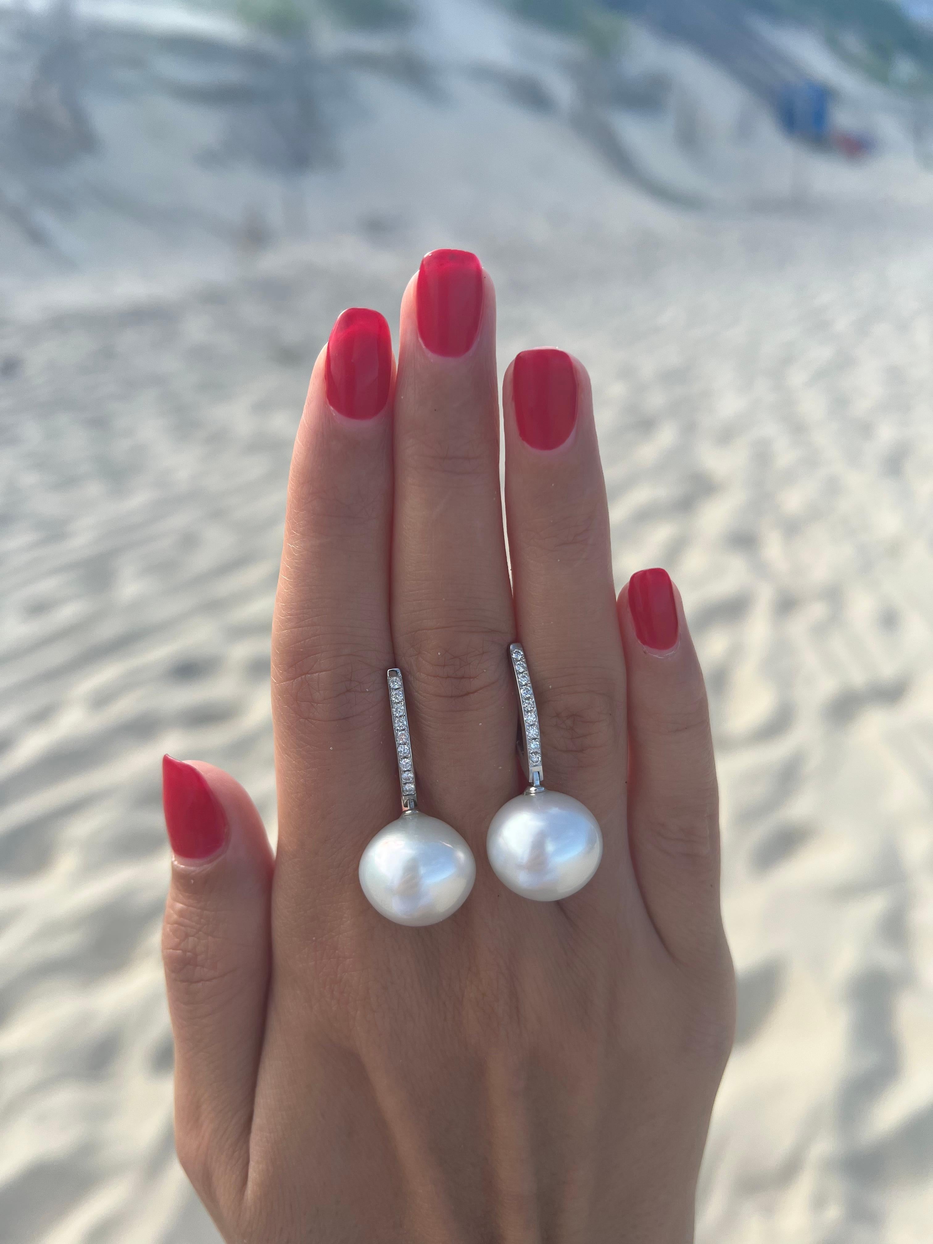 Women's or Men's South Sea White Pearl Diamond 18 Karat White Gold Hinge Line Drop Hoop Earrings For Sale