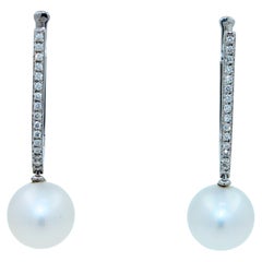 South Sea White Pearl Diamond 18 Karat White Gold Hinge Line Drop Hoop Earrings