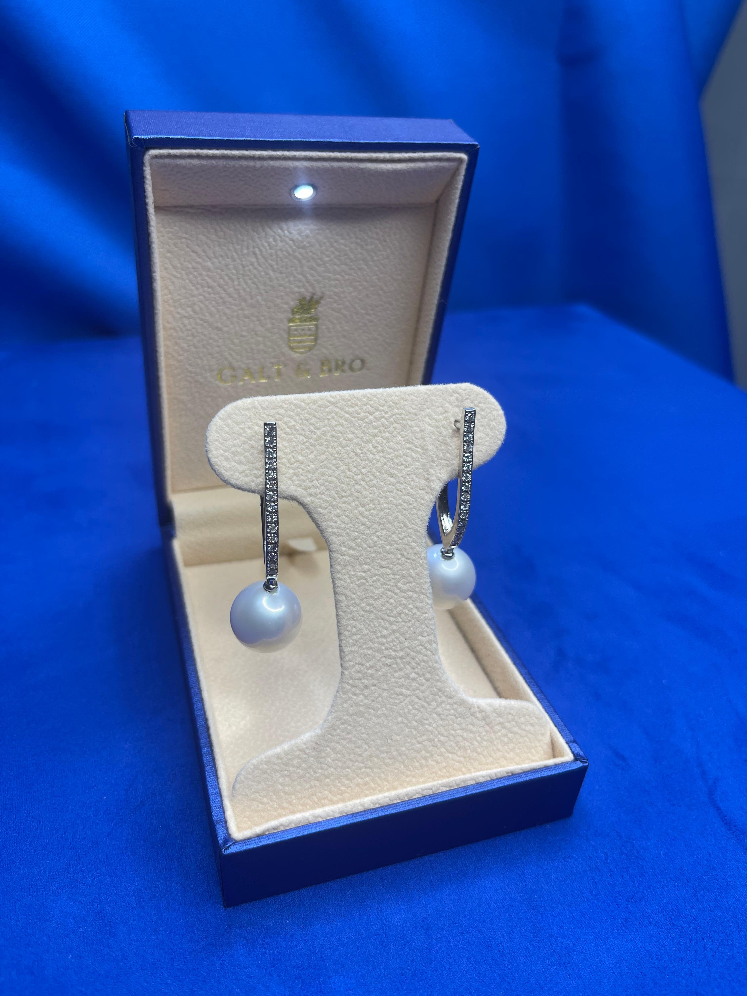 Women's or Men's South Sea White Pearl Diamond 18 Karat White Gold Hinge Line Drop Hoop Earrings For Sale