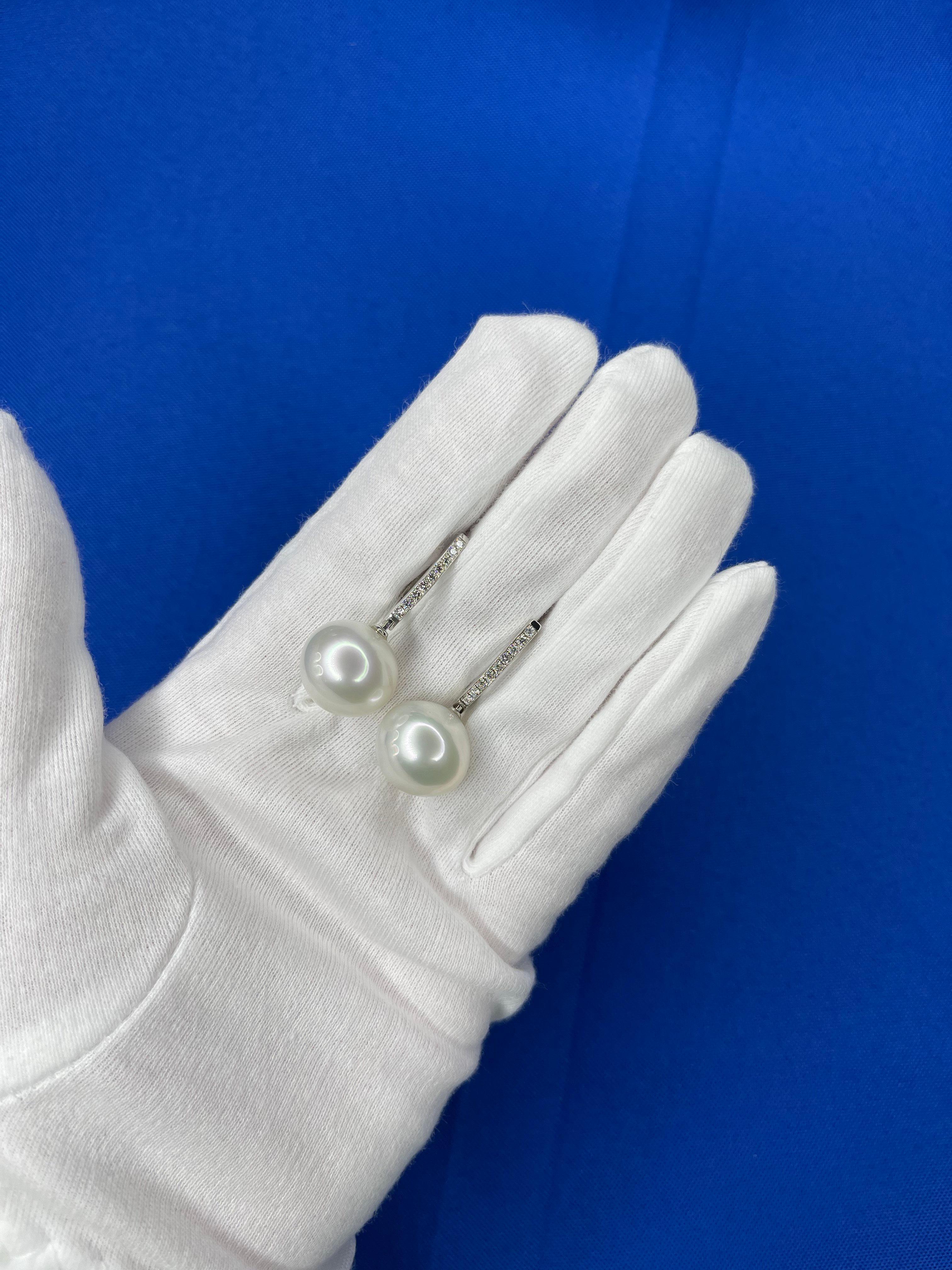 South Sea White Pearl Diamond 18 Karat White Gold Hinge Line Drop Hoop Earrings For Sale 4