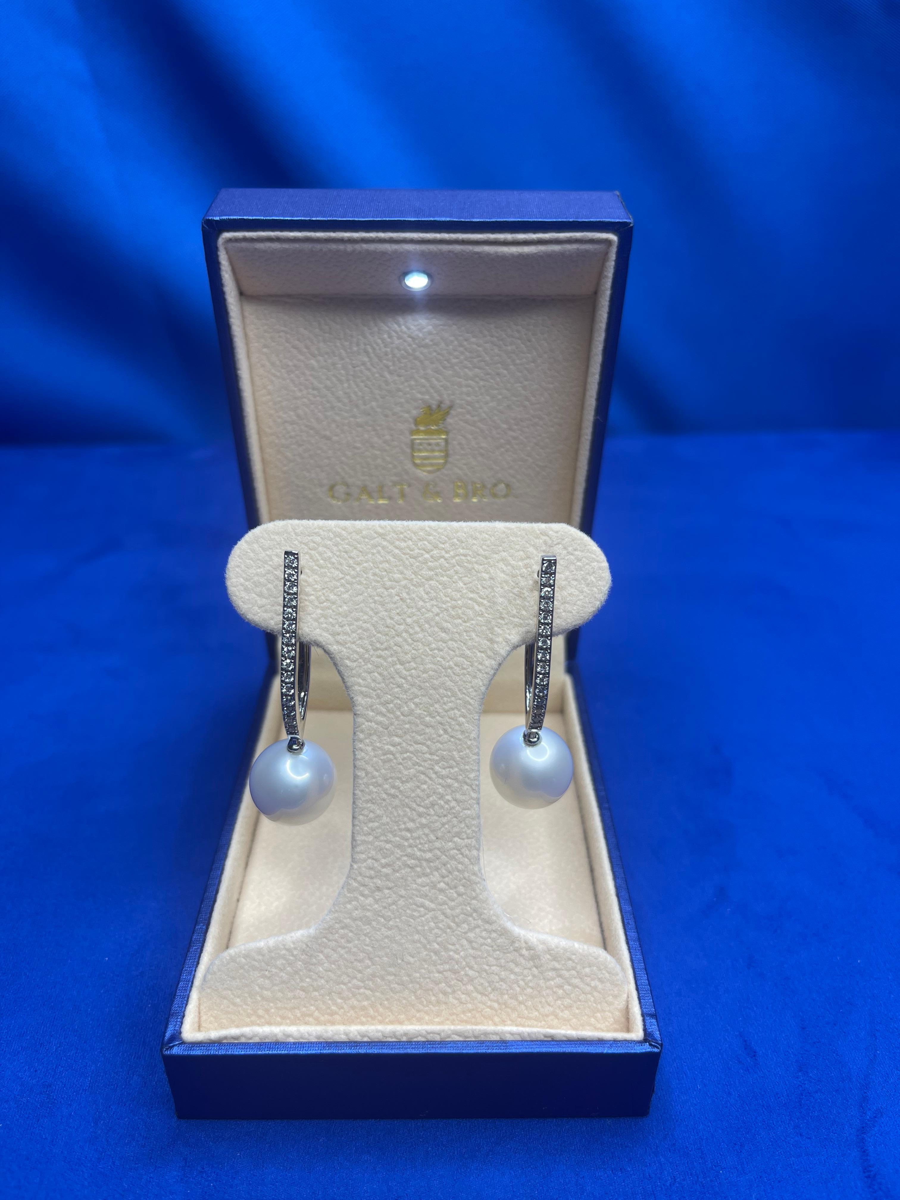 South Sea White Pearl Diamond 18 Karat White Gold Hinge Line Drop Hoop Earrings For Sale 1