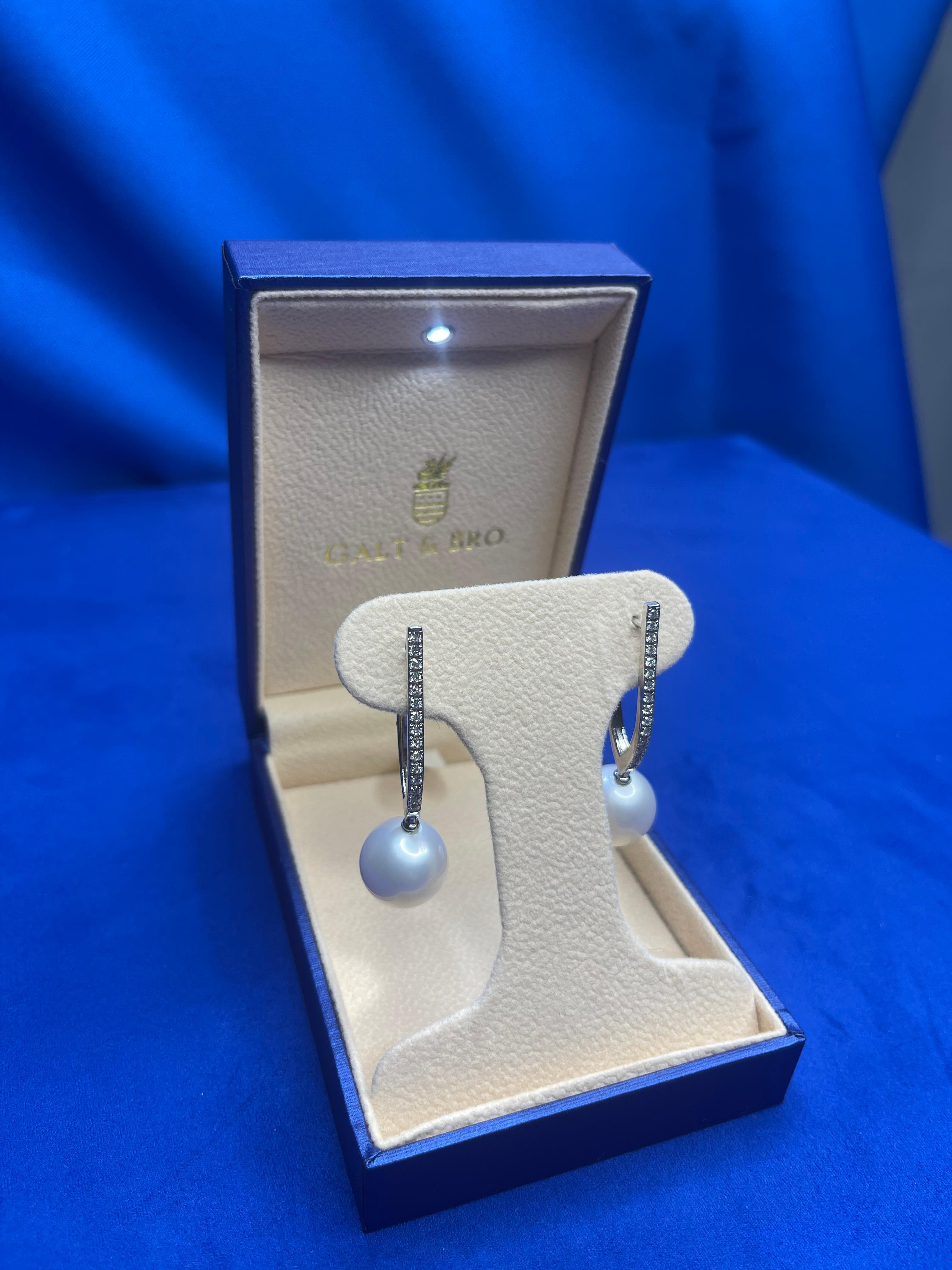 South Sea White Pearl Diamond 18 Karat White Gold Hinge Line Drop Hoop Earrings For Sale 2