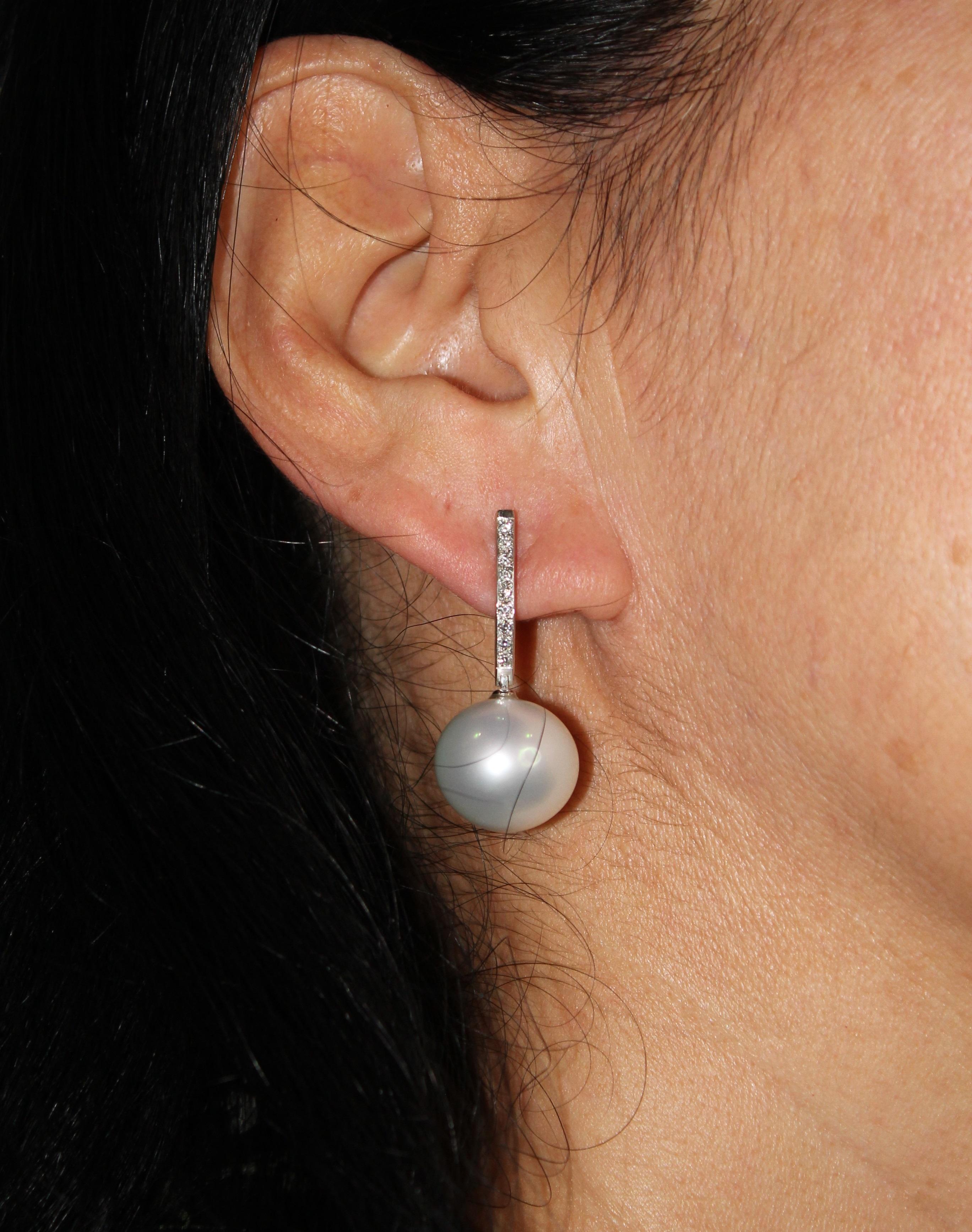 South Sea White Pearl Diamond 18 Karat White Gold Hinge Line Drop Hoop Earrings For Sale 6