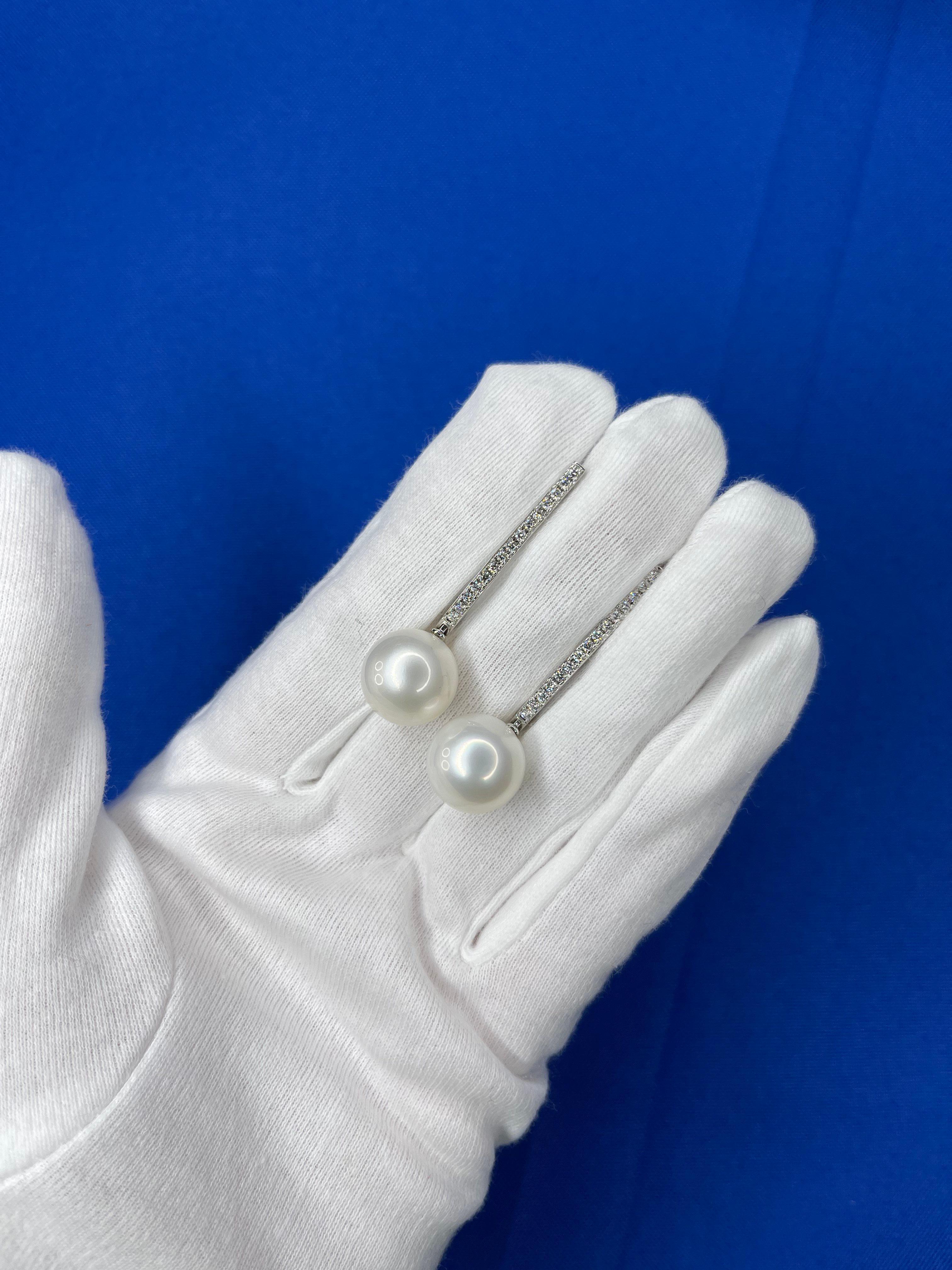 South Sea White Pearl Diamond 18 Karat White Gold Hinge Line Drop Hoop Earrings For Sale 3