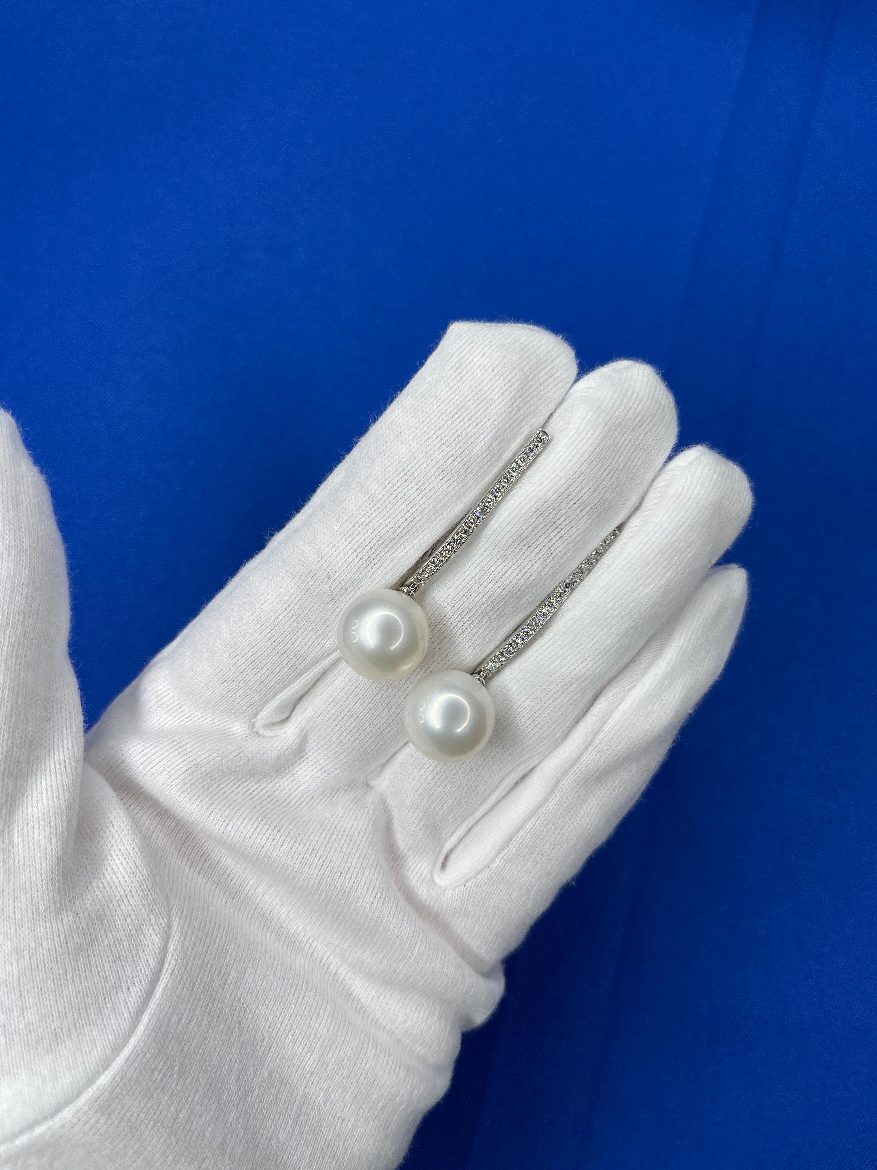 South Sea White Pearl Diamond 18 Karat White Gold Hinge Line Drop Hoop Earrings For Sale 4