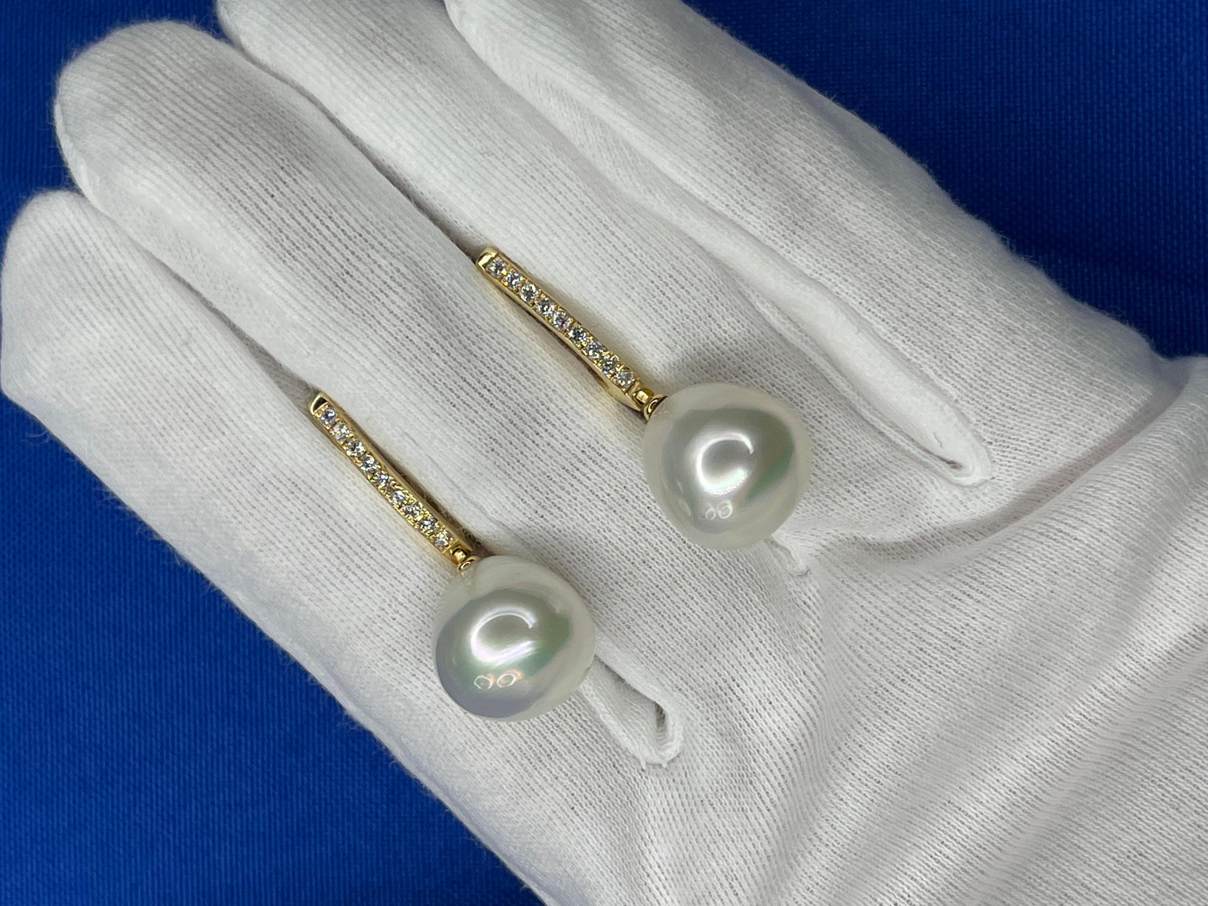 South Sea White Pearl Diamond 18 Karat Yellow Gold Hinge Line Drop Hoop Earrings For Sale 5