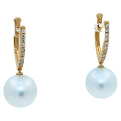 South Sea White Pearl Diamond 18 Karat Yellow Gold Hinge Line Drop Hoop Earrings