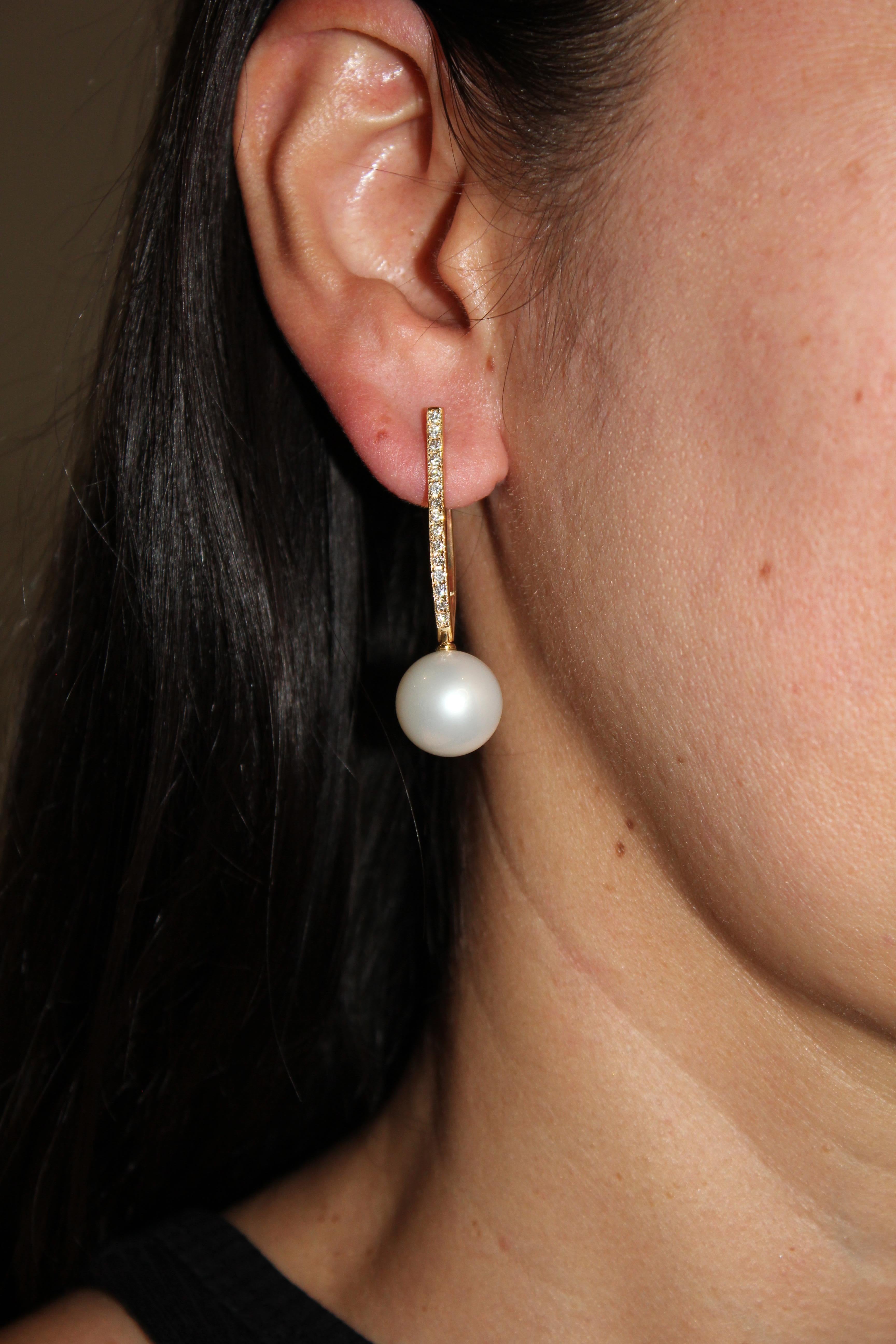South Sea White Pearl Diamond 18 Karat Yellow Gold Hinge Line Drop Hoop Earrings For Sale 4