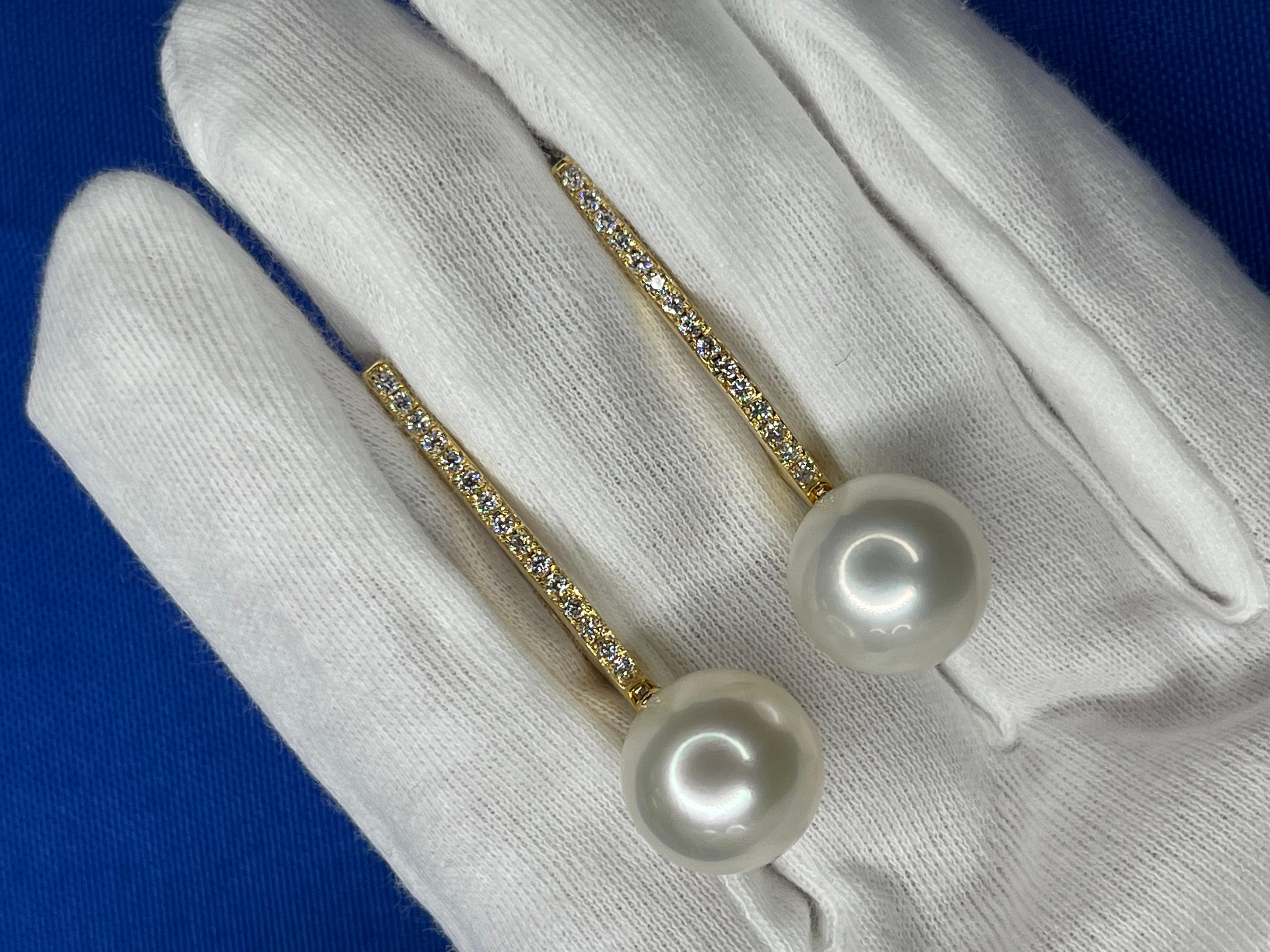 South Sea White Pearl Diamond 18 Karat Yellow Gold Hinge Line Drop Hoop Earrings For Sale 2