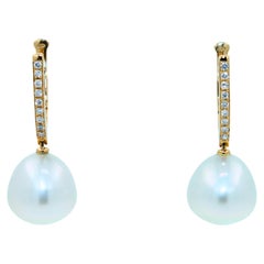 South Sea White Pearl Diamond 18 Karat Yellow Gold Hinge Line Drop Hoop Earrings