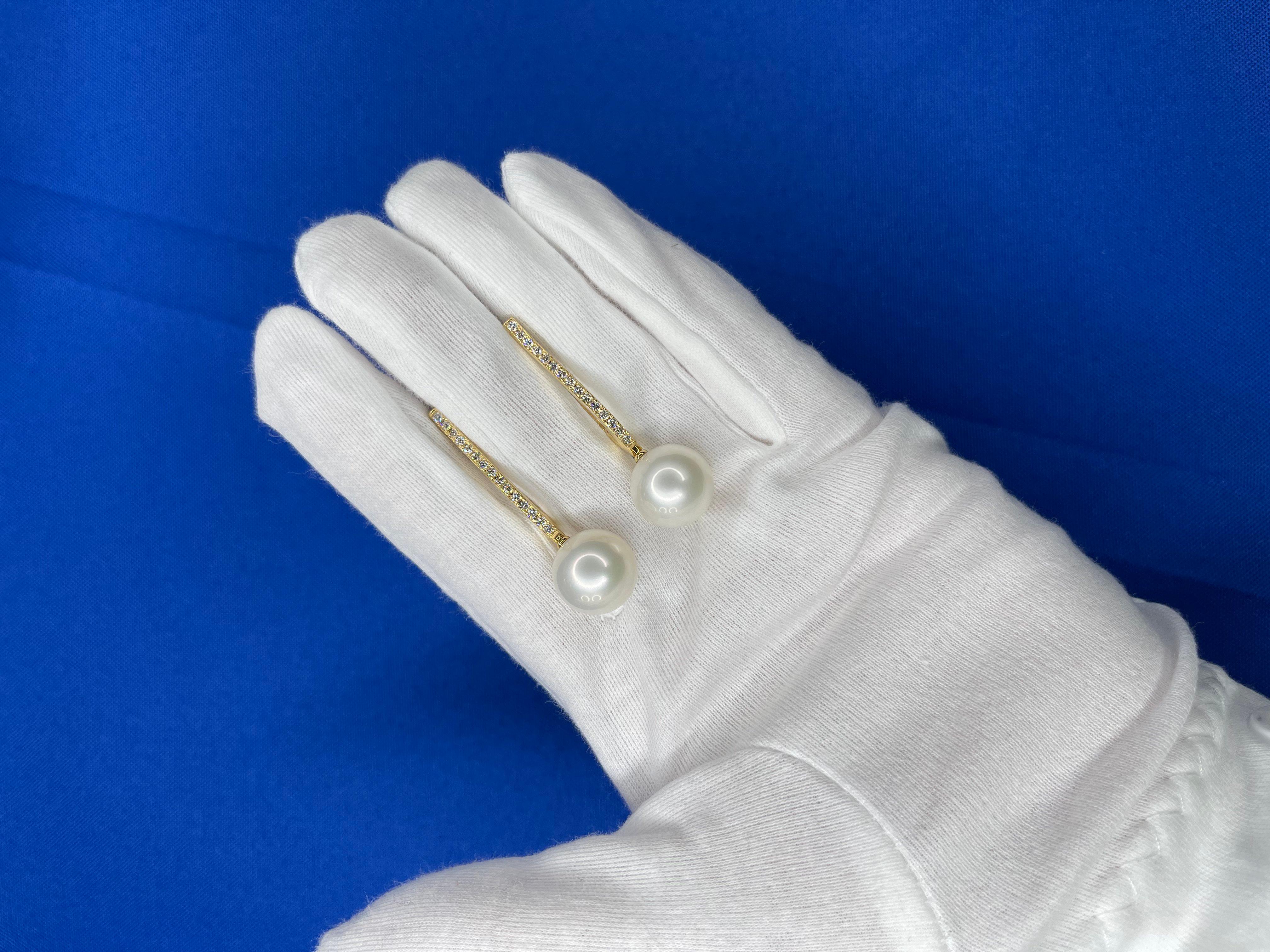 Women's or Men's South Sea White Pearl Diamond 18 Karat Yellow Gold Hinge Line Drop Hoop Earrings For Sale